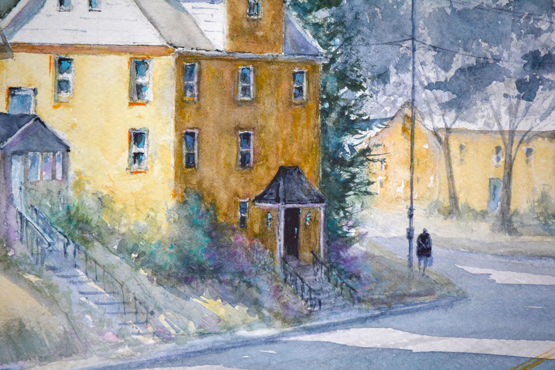 Maisons jaunes, peinture originale - Gris Interior Art par Judy Mudd
