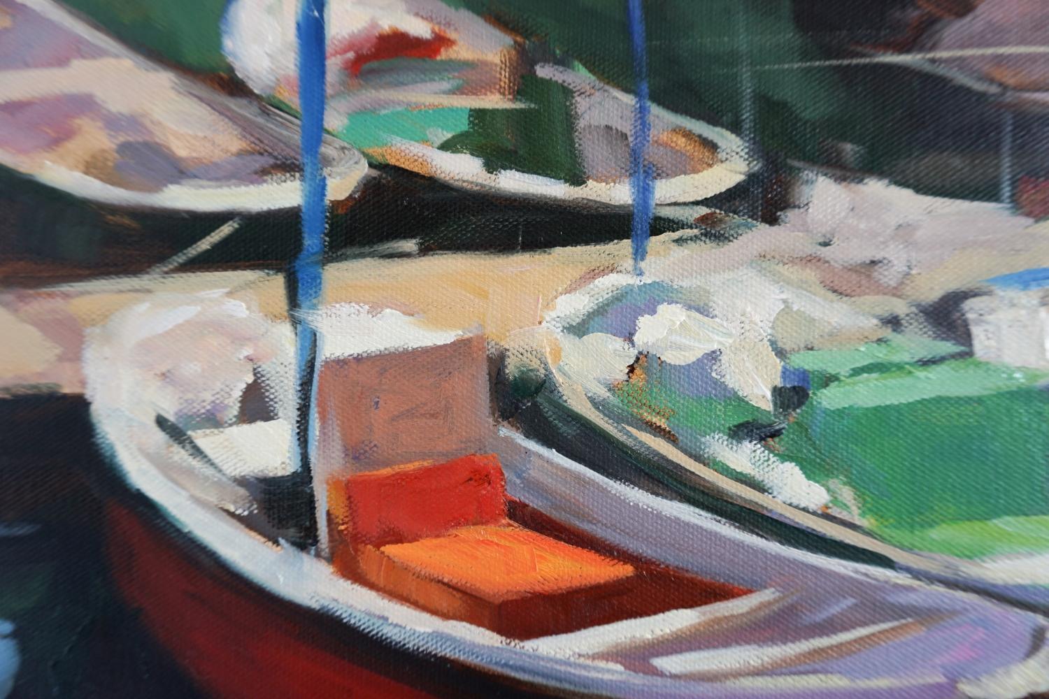 San Sebastian Marina II, Ölgemälde (Grau), Landscape Painting, von Jonelle Summerfield