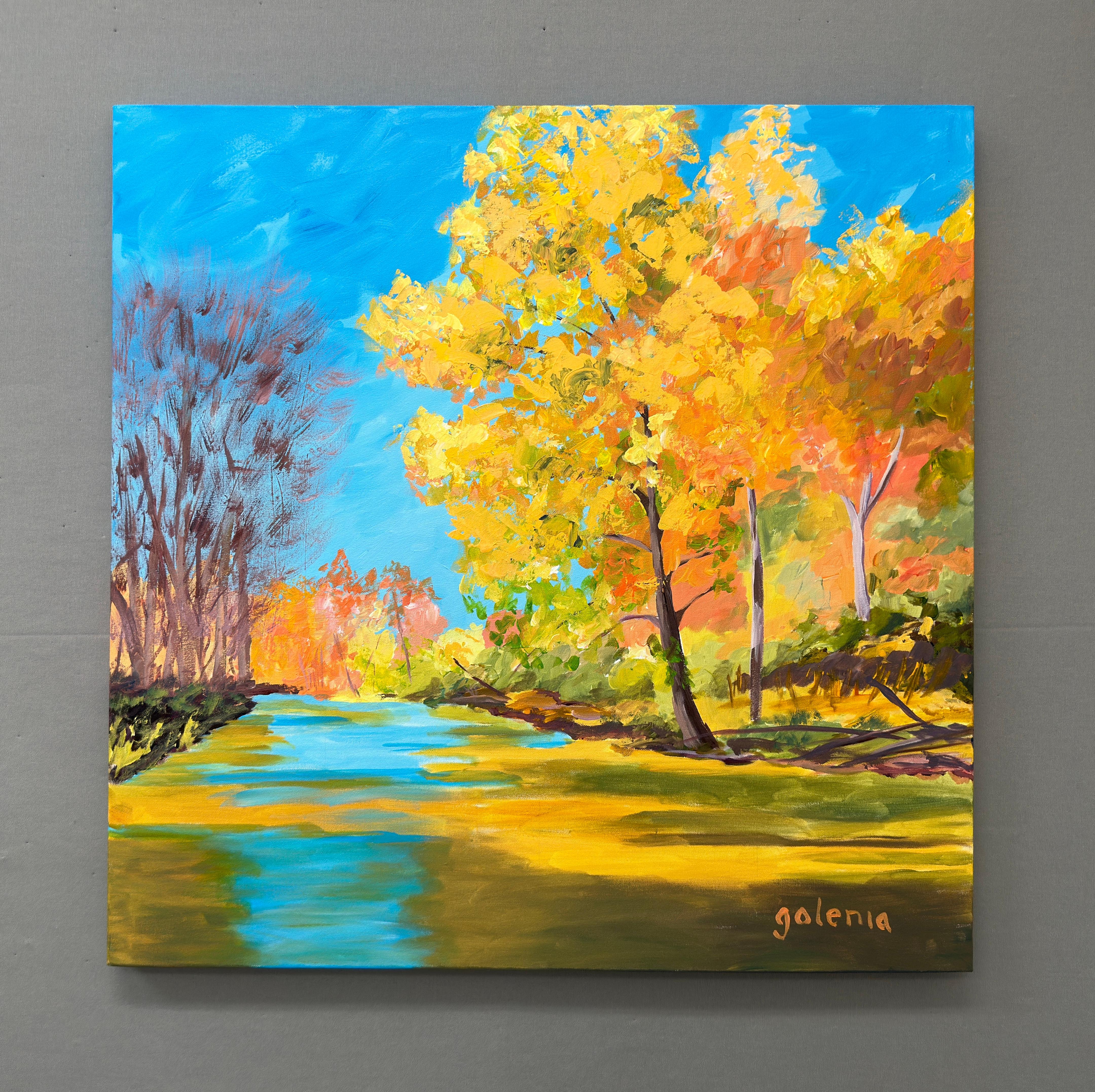 <p>Artist Comments<br />Golden leaves line the banks of a serene river in North Carolina. Bare branches on the opposite side contrast with the warm, sunlit trees. The vibrant colors reflect off the water, creating a calming blend of yellows,