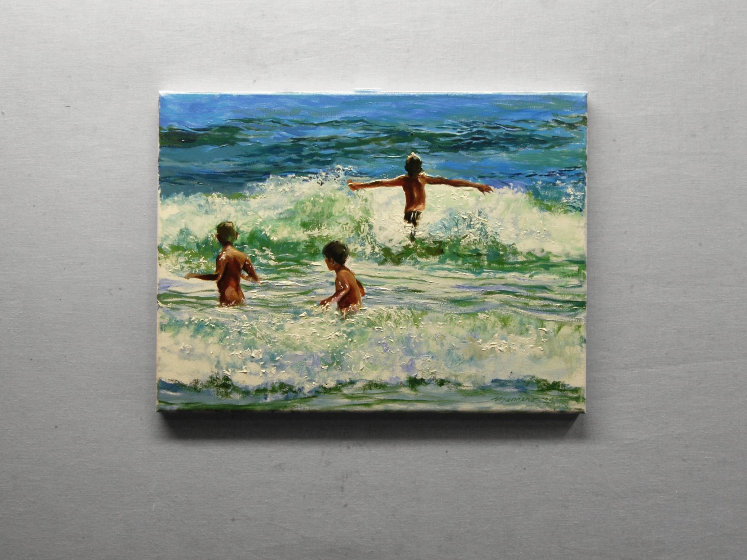 <p>Commenti dell'artista<br>Ispirato da una gita di famiglia sulla costa del New Jersey, l'artista Onelio Marrero ha creato un dipinto vibrante che cattura tre ragazzi che saltano verso le onde in arrivo nel mare poco profondo. An He ha accentuato