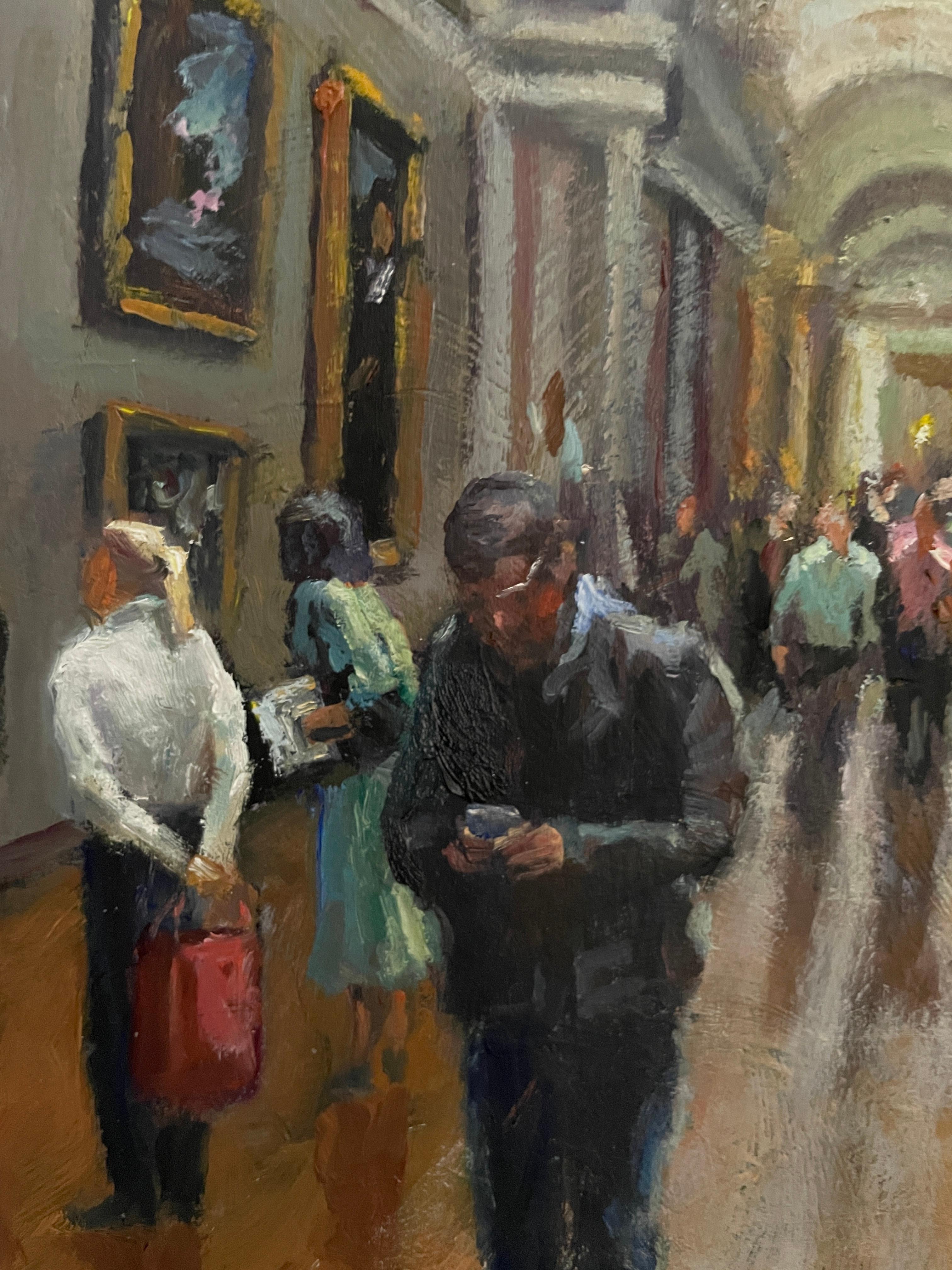 Au Louvre, peinture à l'huile - Marron Figurative Painting par Faye Vander Veer