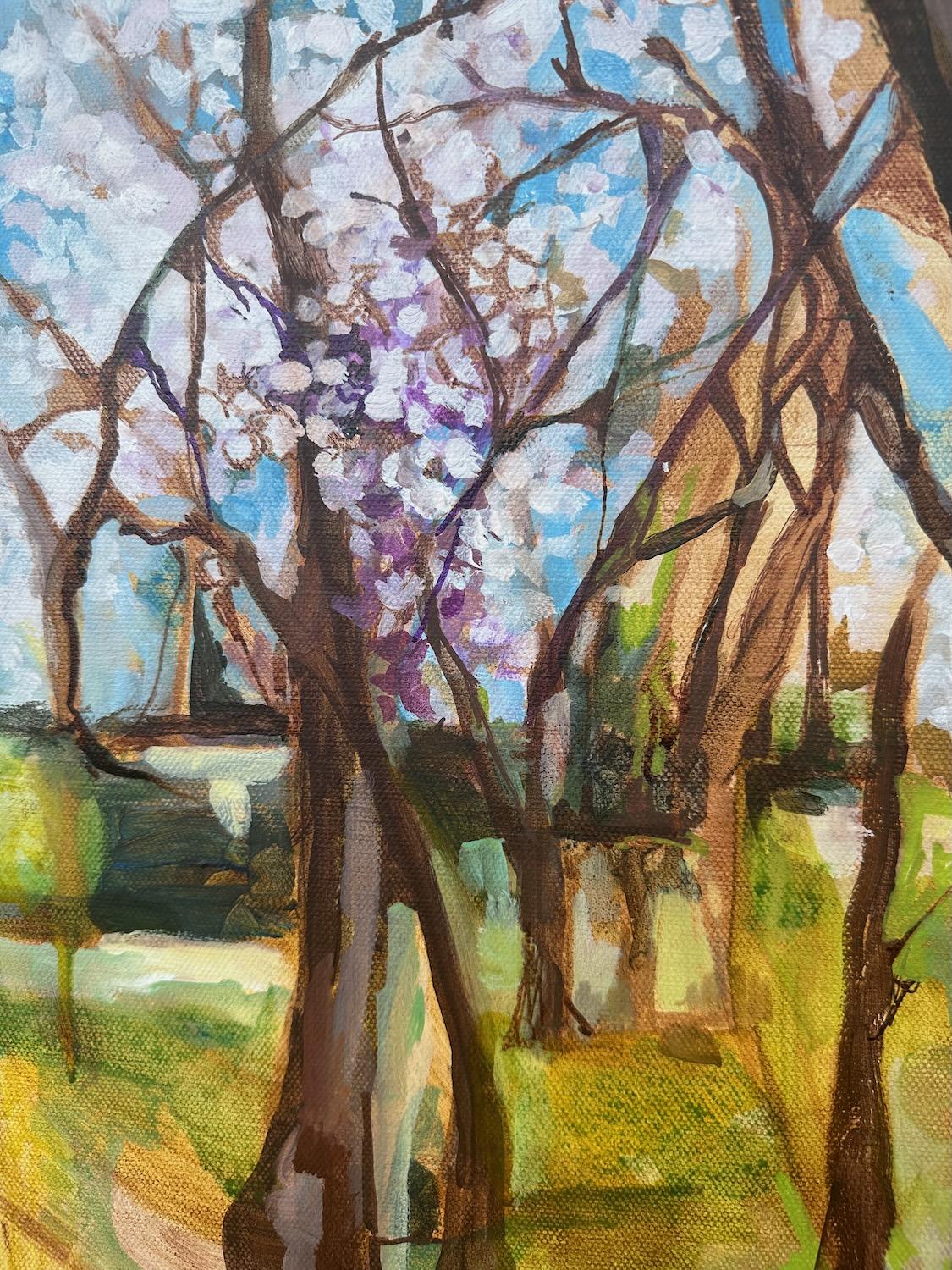 Blossoms blanches, peinture originale - Marron Landscape Painting par Colette Wirz Nauke