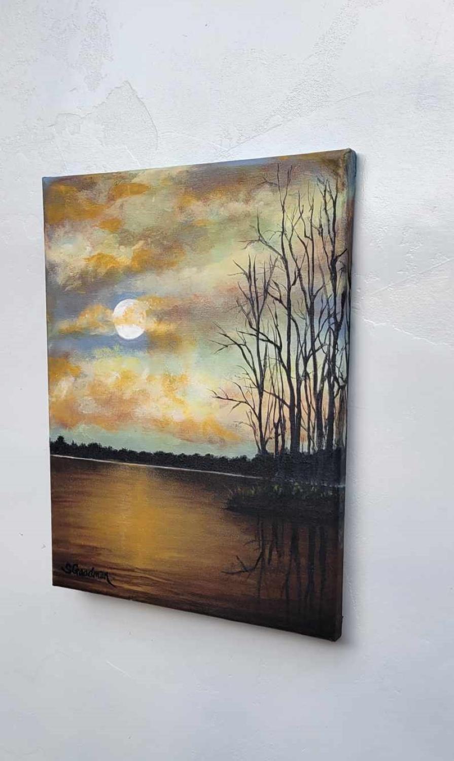 Twilight Waters, Oil Painting - Brown Landscape Painting by Shela Goodman