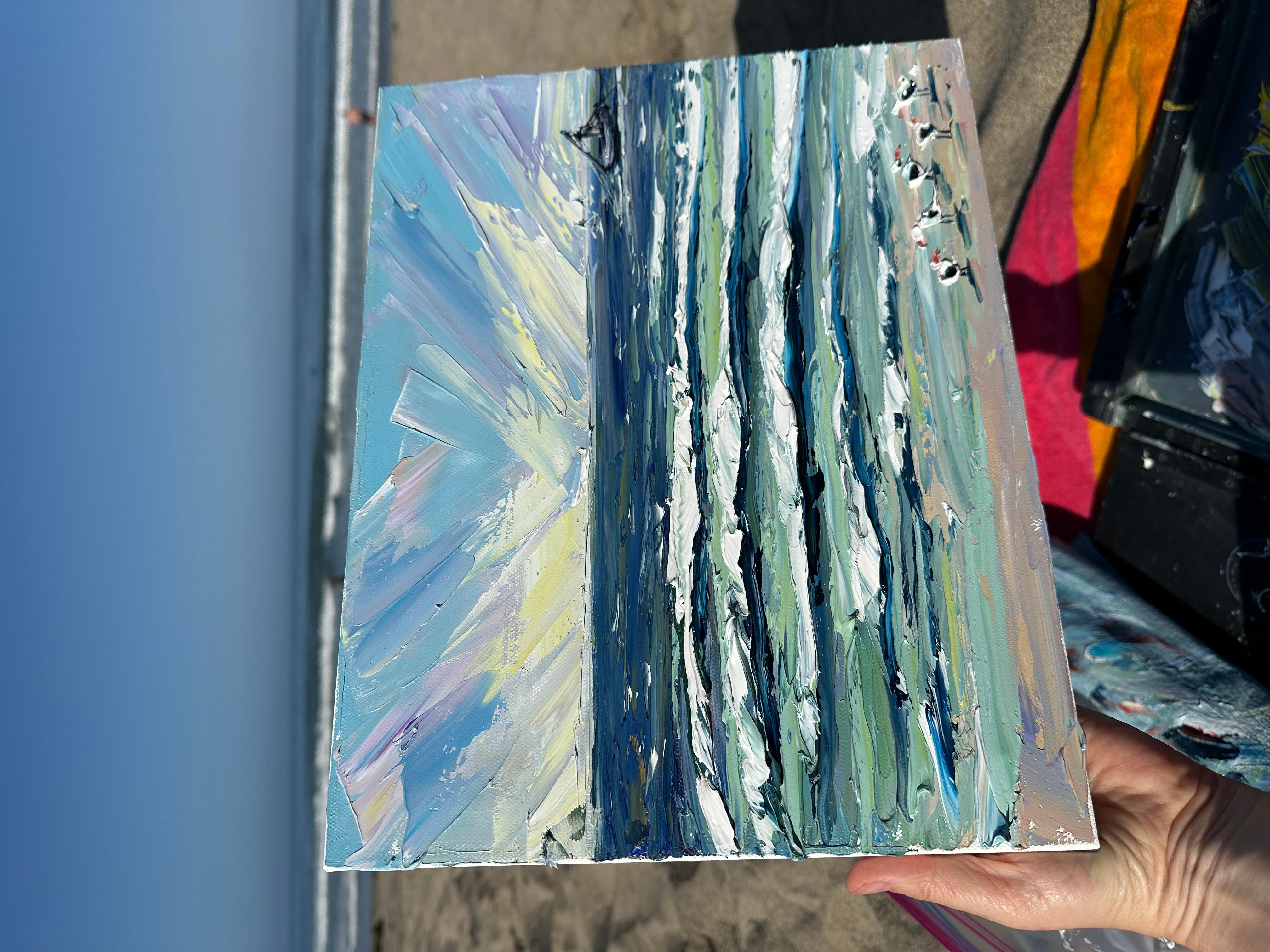 <p>Commentaires de l'artiste<br />Les vagues s'écrasent contre le rivage, leur écume blanche contrastant avec les bleus et les verts profonds de l'océan. Des traits diagonaux dynamiques éclatent dans le ciel, ajoutant de l'énergie à la scène. Les