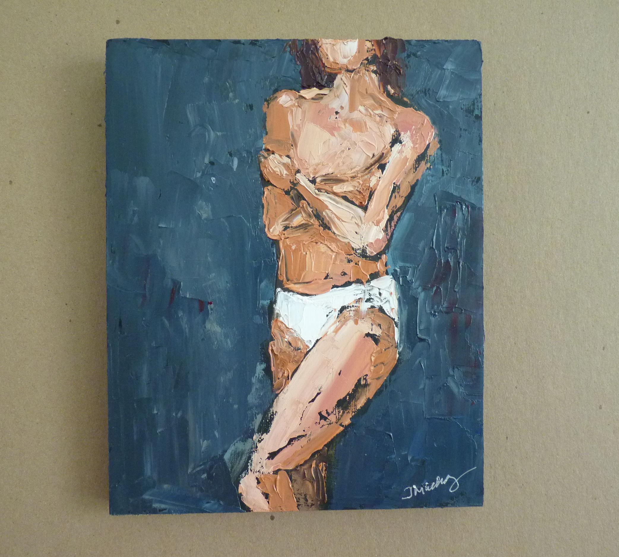 <p>Comentarios del artista<br />Unos trazos audaces capturan a una mujer parcialmente desnuda sobre un fondo profundo y apagado. La artista Judy Mackey utiliza detalles mínimos, dejando intencionadamente el rostro en blanco para invitar a la