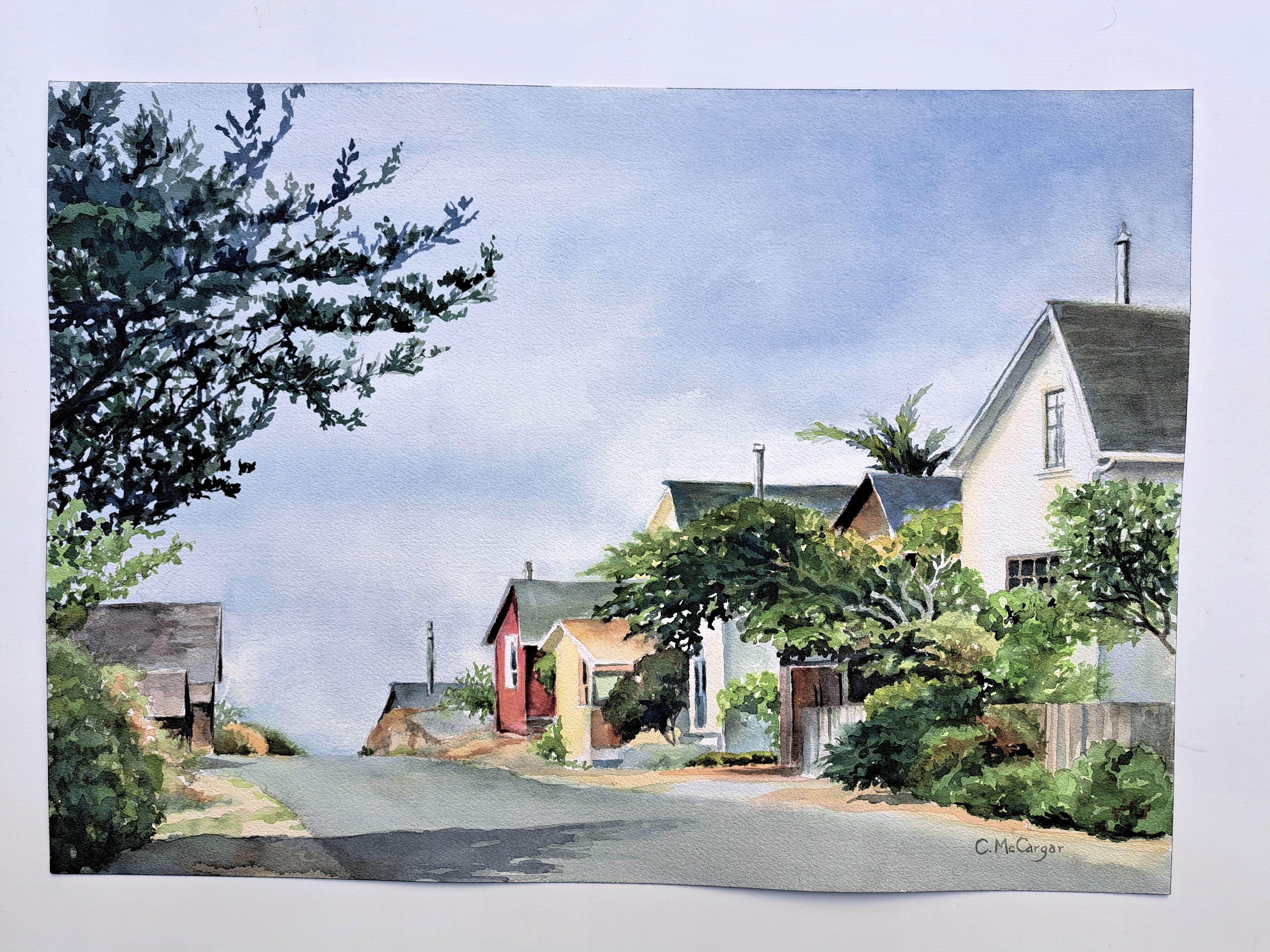 <p>Commenti dell'artista<br />Accoglienti cottage si allineano in una tranquilla strada della cittadina costiera di Mendocino, in California. La scena conduce alla cima della strada, dove il cielo si fonde con l'oceano, nascosto da una soffice
