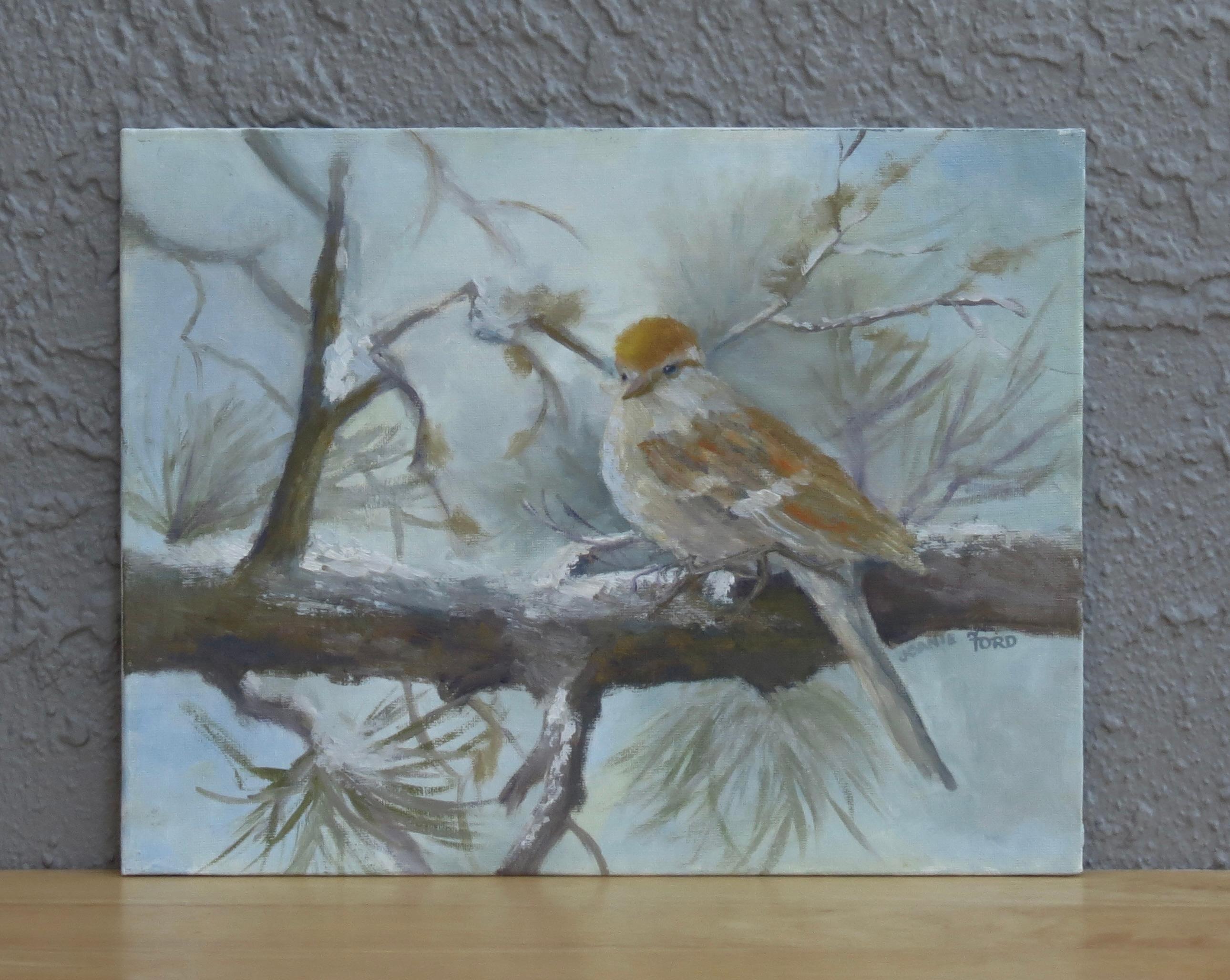 <p>Commenti dell'artista<br />Un passero si appollaia su un ramo innevato. Lo sfondo morbido e nebbioso mette in risalto il delicato marrone e bianco delle piume dell'uccello. L'artista Joanie Ford ha dipinto questa incantevole scena invernale con