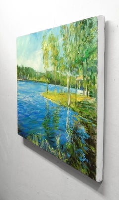 Lago libero, mattina presto, pittura a olio