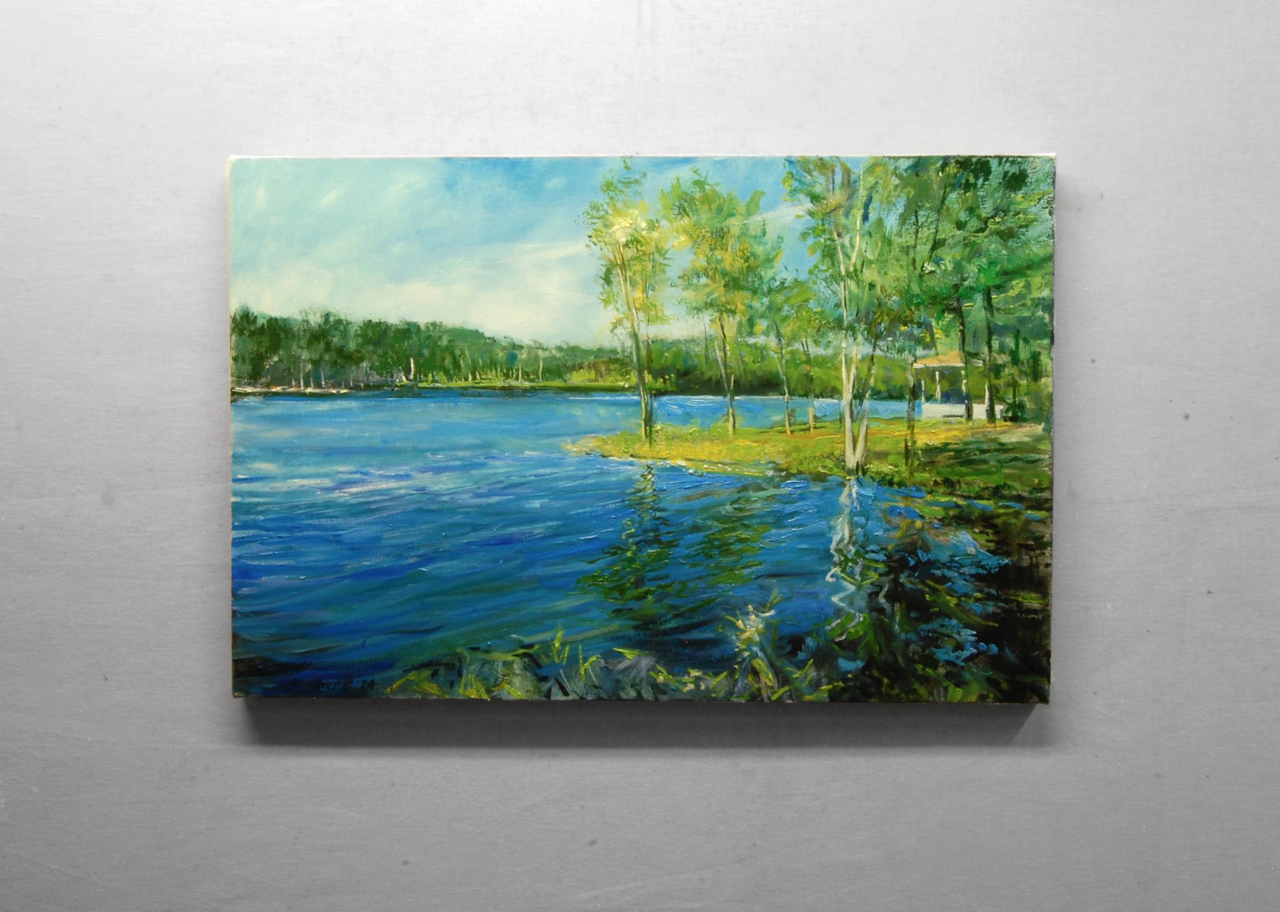 <p>Artist Comments<br />Bright sunlight dances on the serene pond, reflecting the vibrant greens of the surrounding foliage. Gentle ripples add a sense of movement to the tranquil scene while trees stretch skyward, casting soft shadows along the