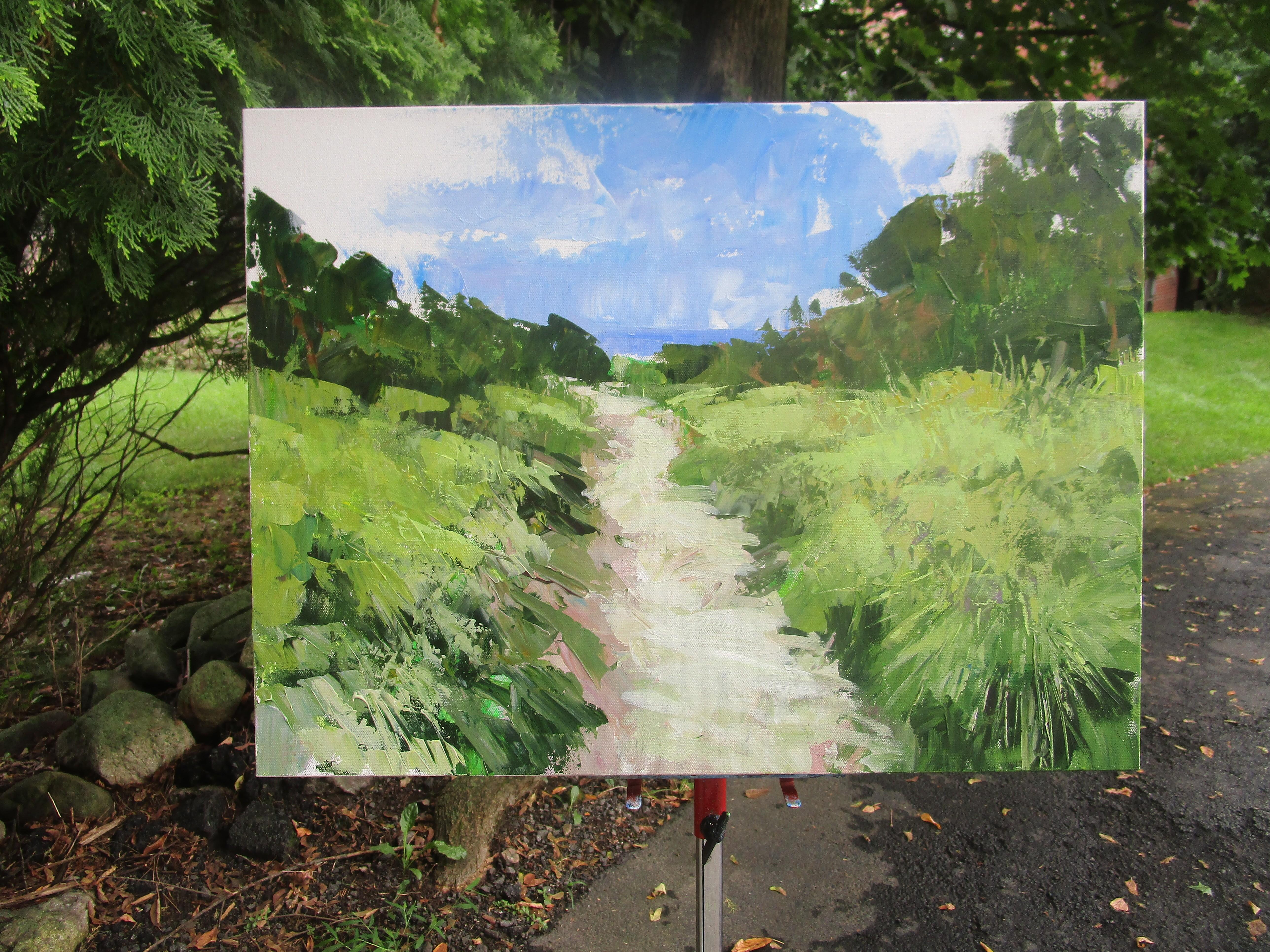 <p>Artist Comments<br />A sandy path leads toward the dunes and water, with vivid greenery contrasting against the soft blues above. Painted with a palette knife and brush, the artwork captures texture and movement, adding depth to the