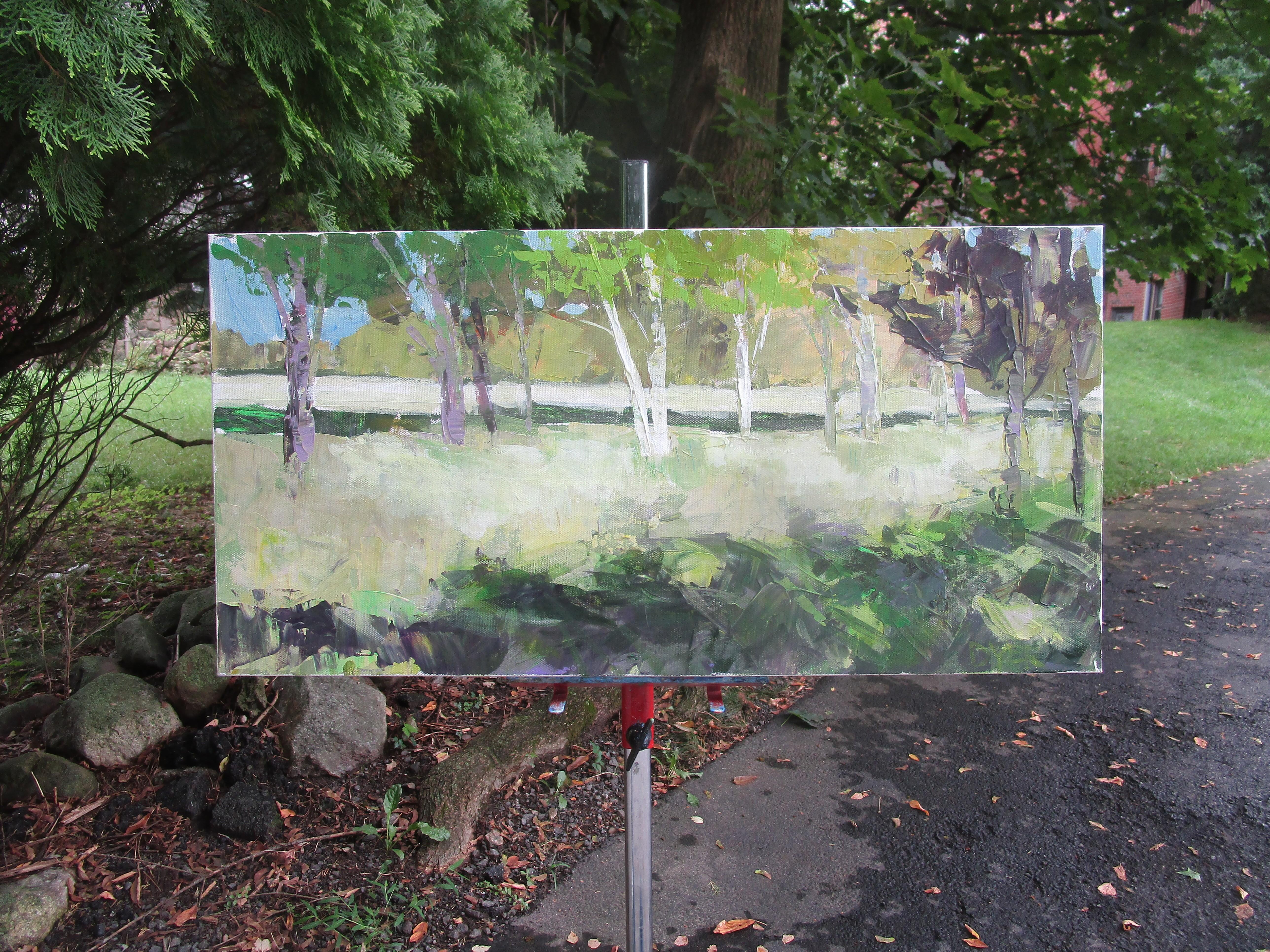 <p>Artist Comments<br />A row of slender trees lines a road in Provence, France. As artist Janet Dyer drove by, she was captivated by the configuration of the trunks against the pale yellow field. Loose brushstrokes capture the movement of the lush