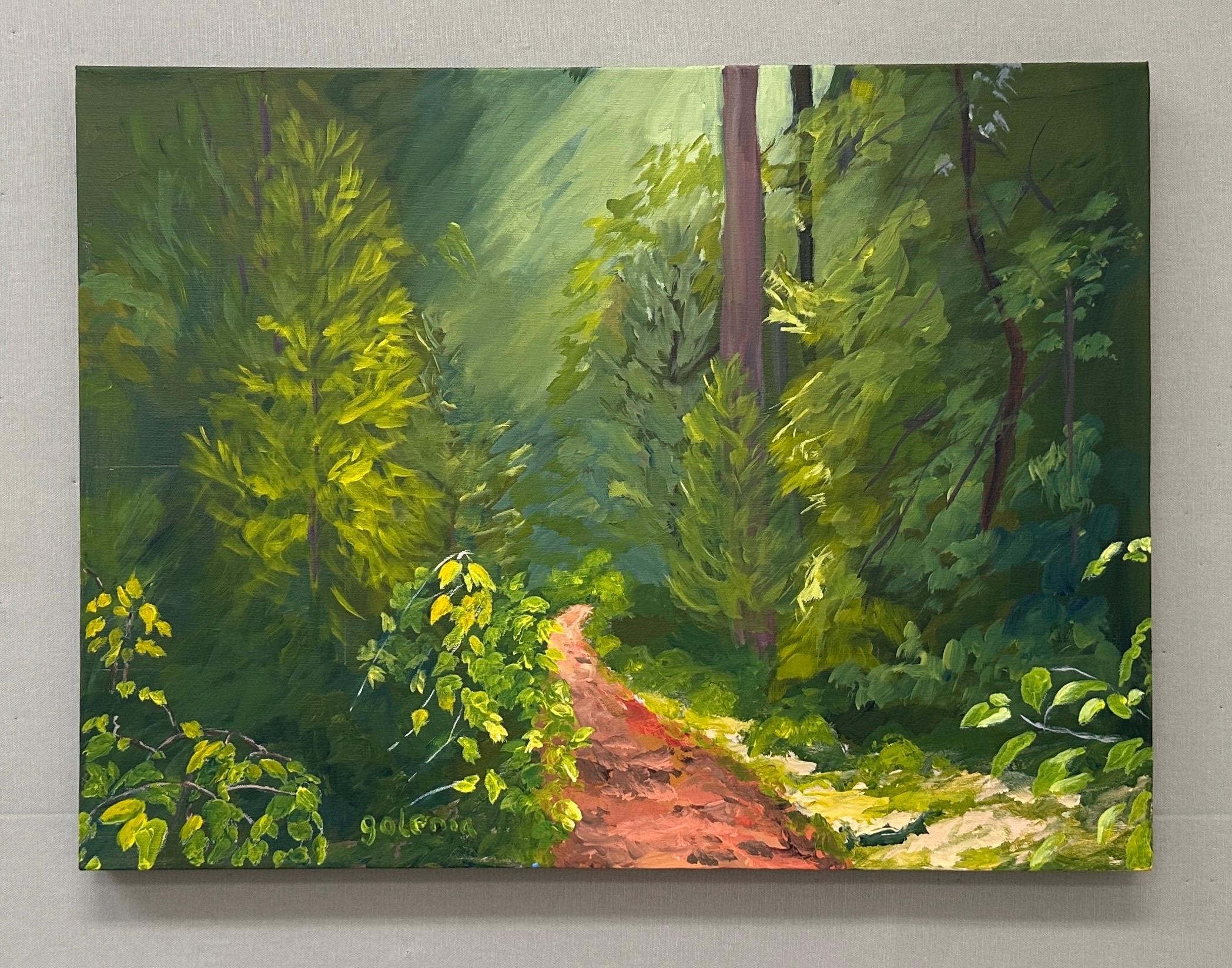 <p>Artist Comments<br />The day is warm and sunny in a dense evergreen forest, but the shade keeps it cool, quiet, and calm. A narrow dirt path winds toward a clearing, where sunlight floods in, lighting up the trees and plants along the edges, as