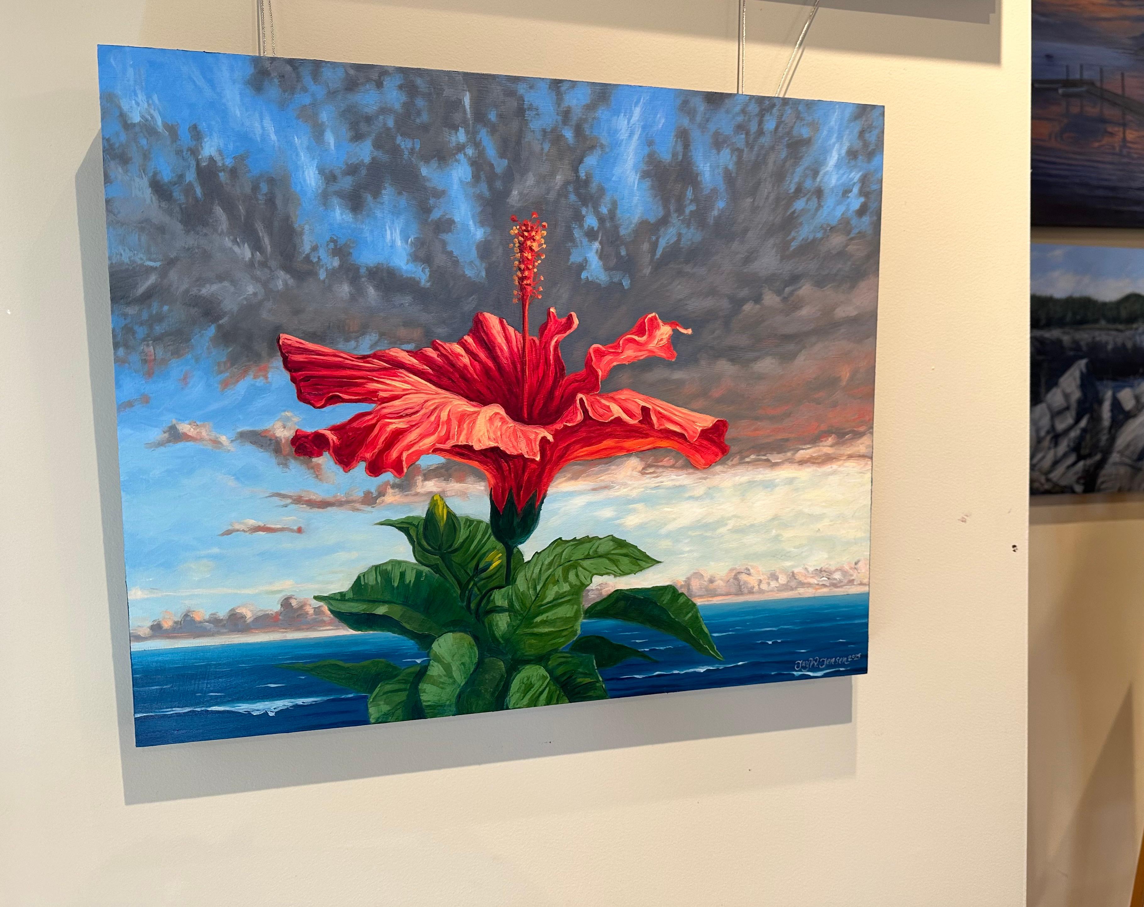 Hibiscus, coucher de soleil, peinture à l'huile - Impressionnisme Painting par Jay Jensen
