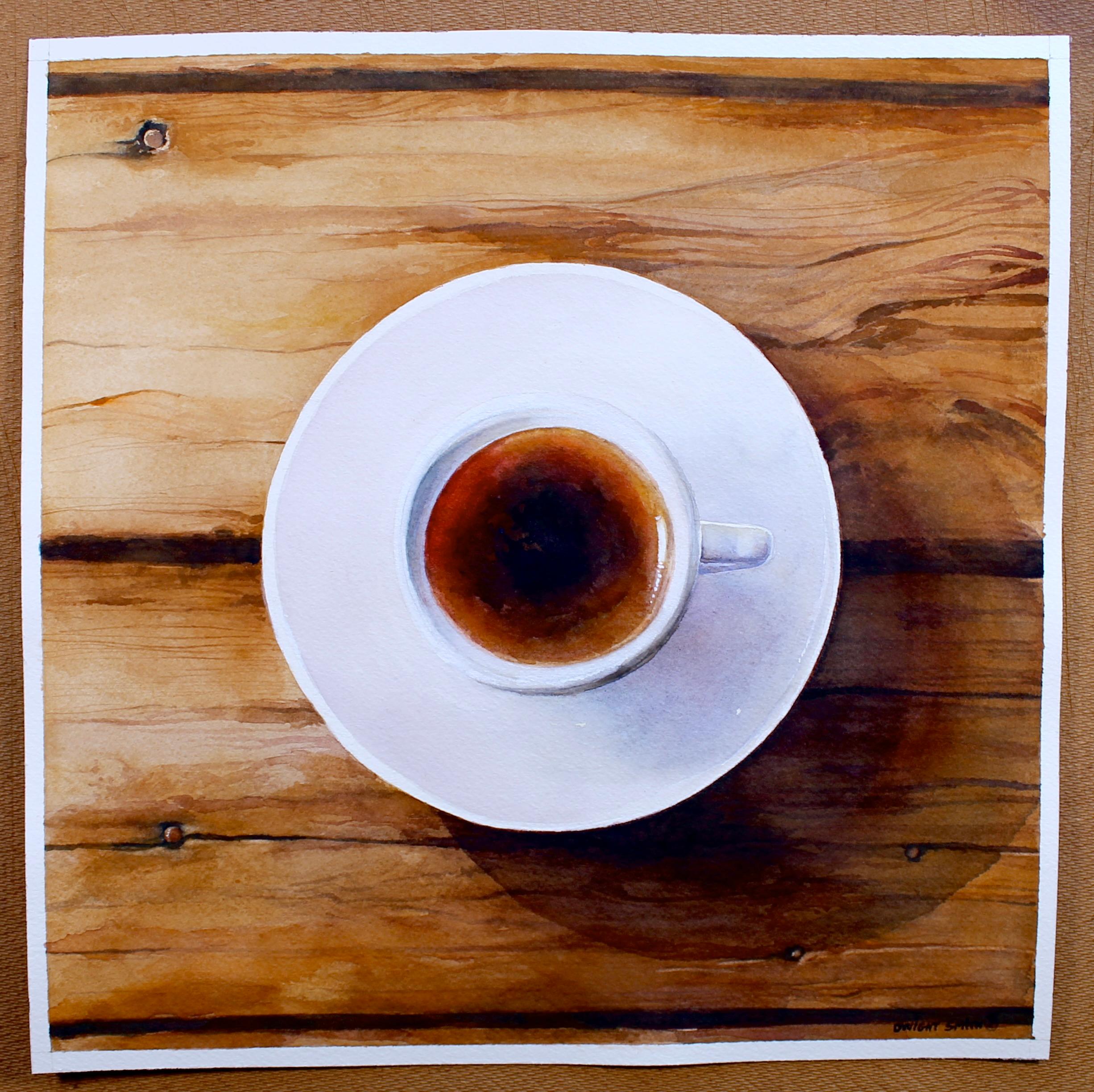 <p>Commenti dell'artista<br />In questa natura morta acquerellata, una tazza di caffè è perfettamente centrata su un tavolo rustico. L'infuso mattutino evoca un senso di routine e comfort. Il liquido ricco e scuro contrasta con il piattino liscio,