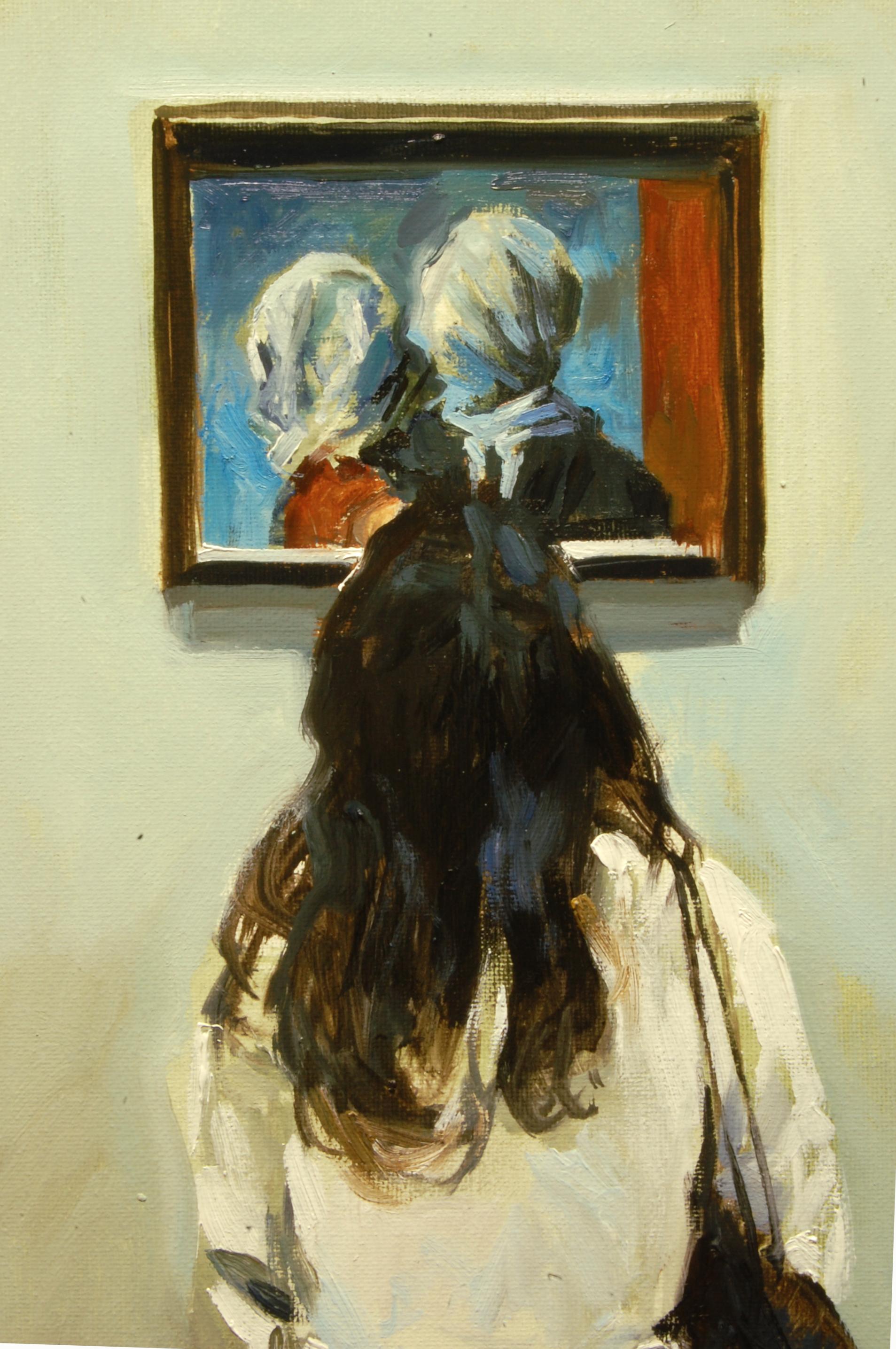 <p>Commentaires de l'artiste<br />Une femme contemple les Amants de René Magritte au Musée d'art moderne de New York. Les tons chauds et sourds du mur et la lumière douce confèrent à la scène une atmosphère contemplative. L'artiste A.I.C. Marrero a