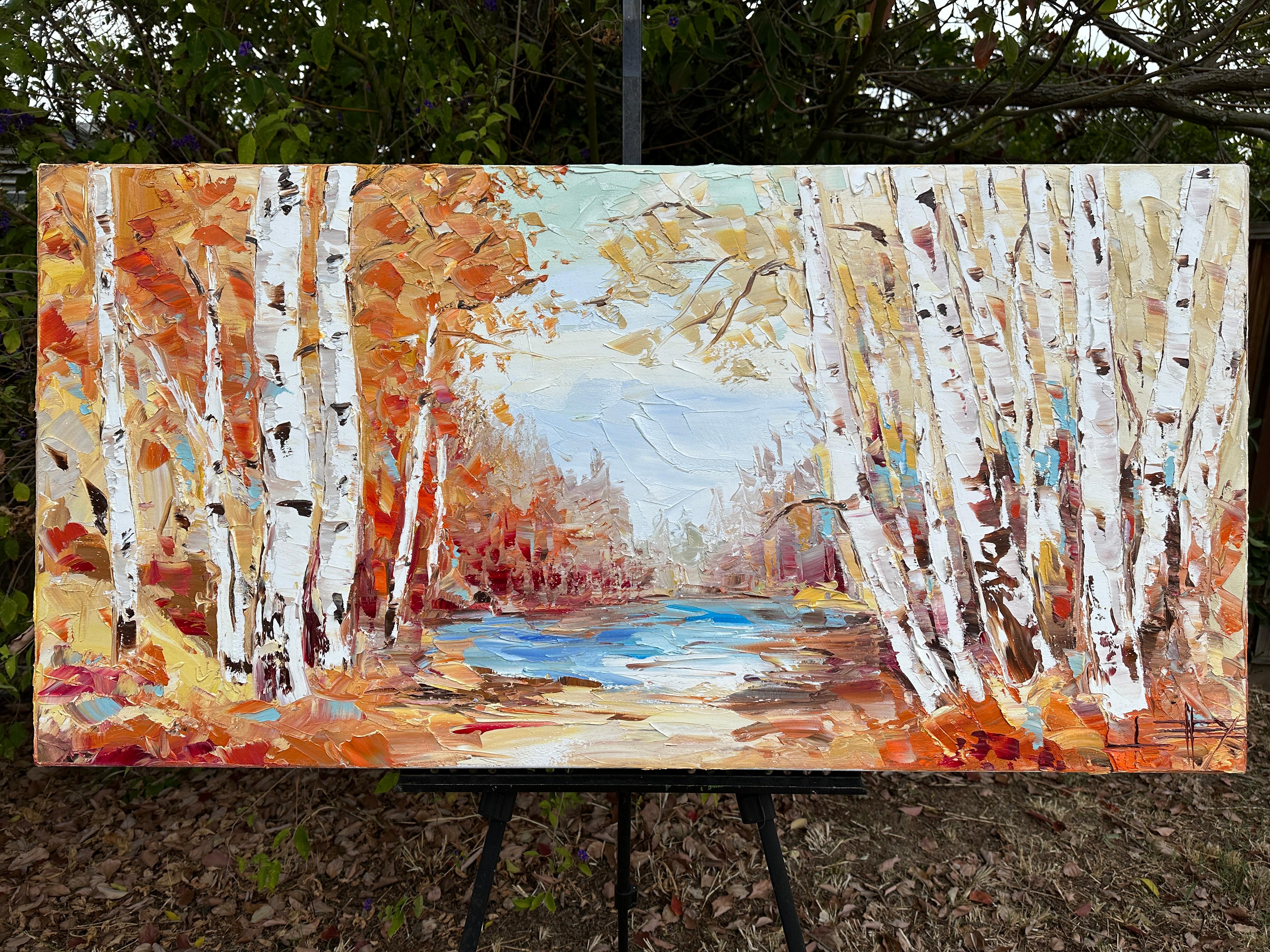 <p>Comentarios del artista<br />El follaje otoñal rodea un apacible paisaje de montaña. Altos abedules bordean la escena, sus troncos blancos contrastan con los amarillos y naranjas. La gruesa aplicación de pintura confiere una cualidad táctil a la