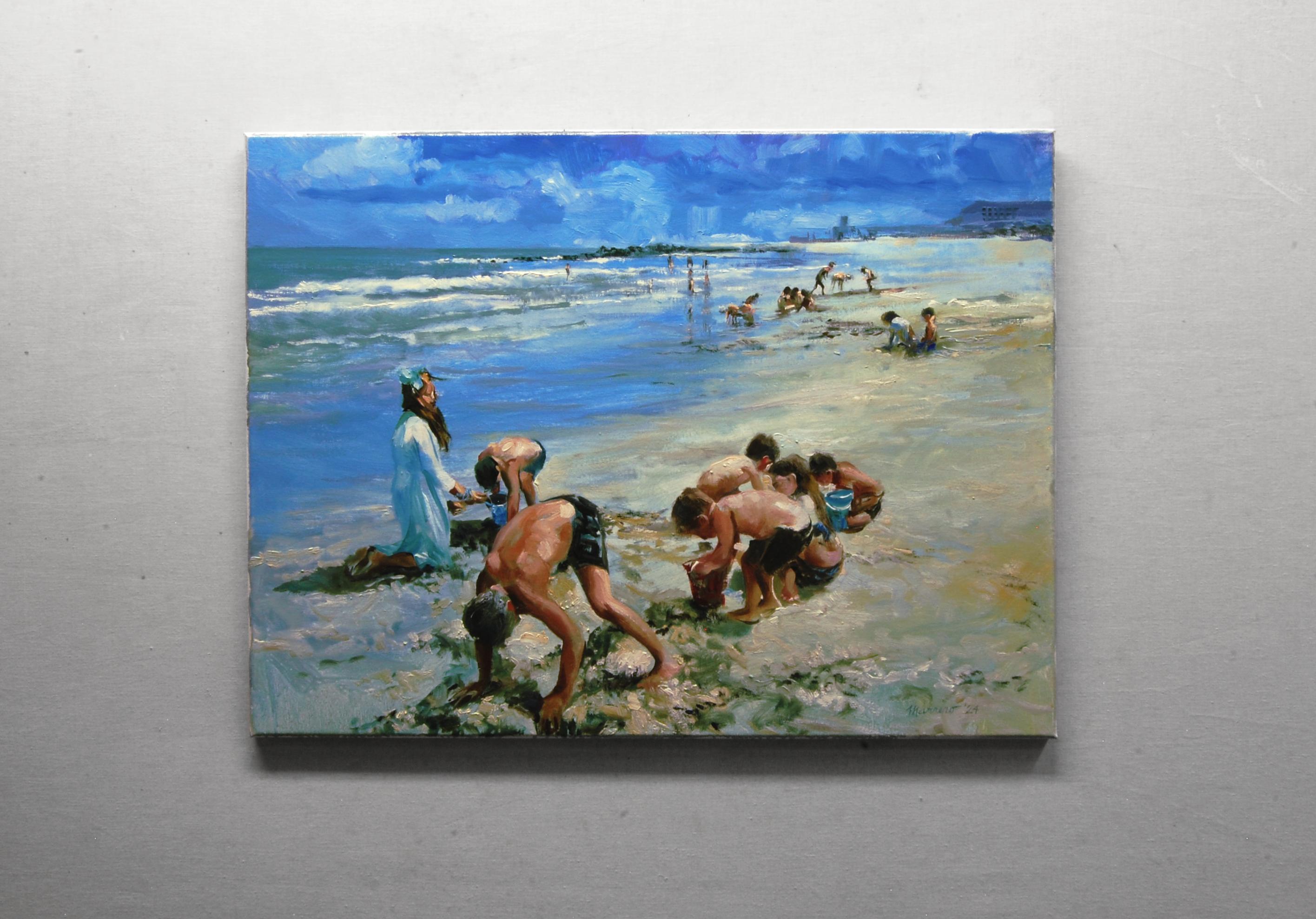 <p>Commentaires de l'artiste<br />L'artiste Onelio Marrero passe souvent du temps avec sa famille sur la côte du New Jersey. Dans cette peinture, des groupes d'enfants élaborent des stratégies et travaillent avec diligence en creusant pour trouver