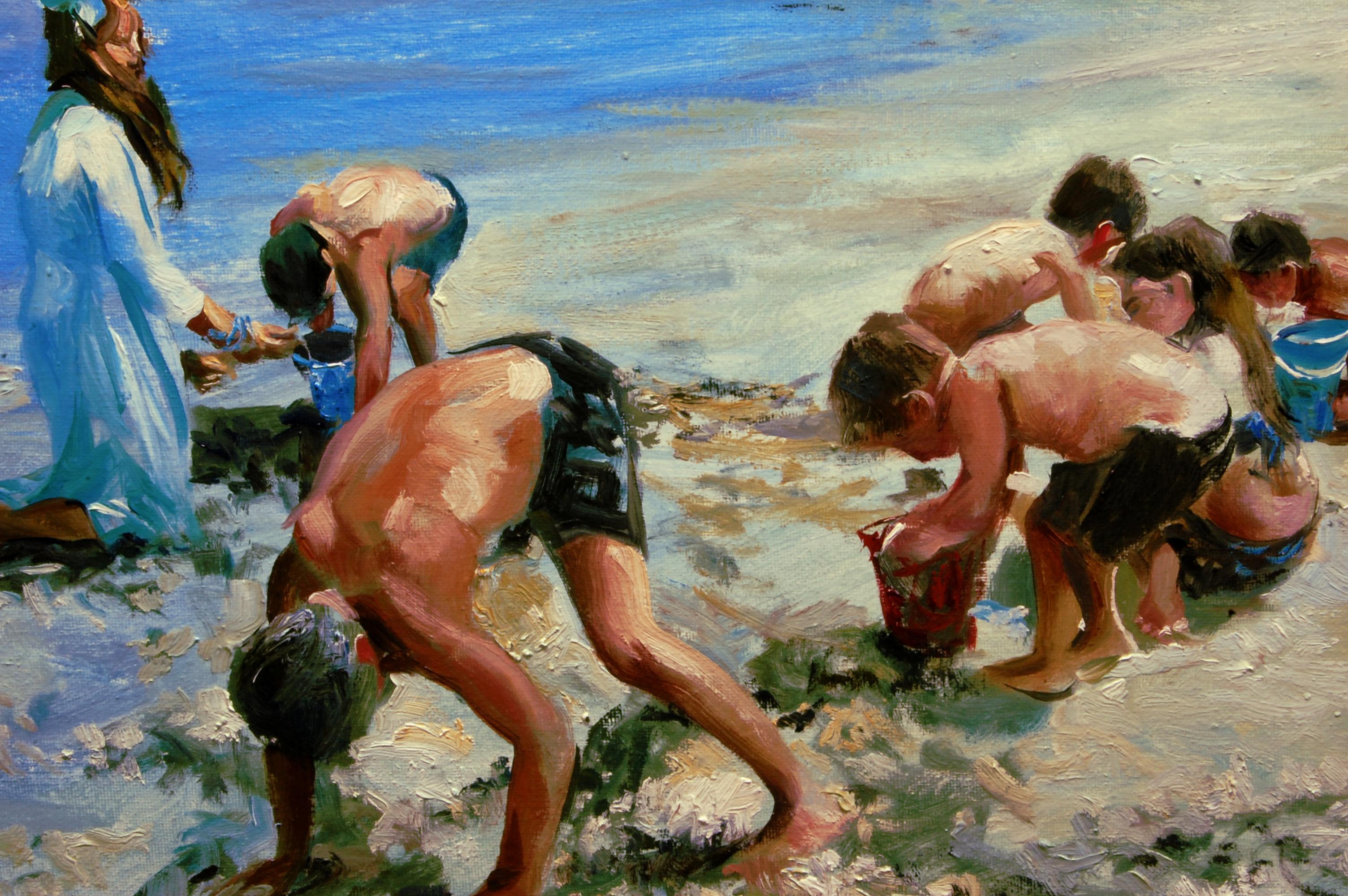 Competition de crabe en sable, peinture à l'huile en vente 1