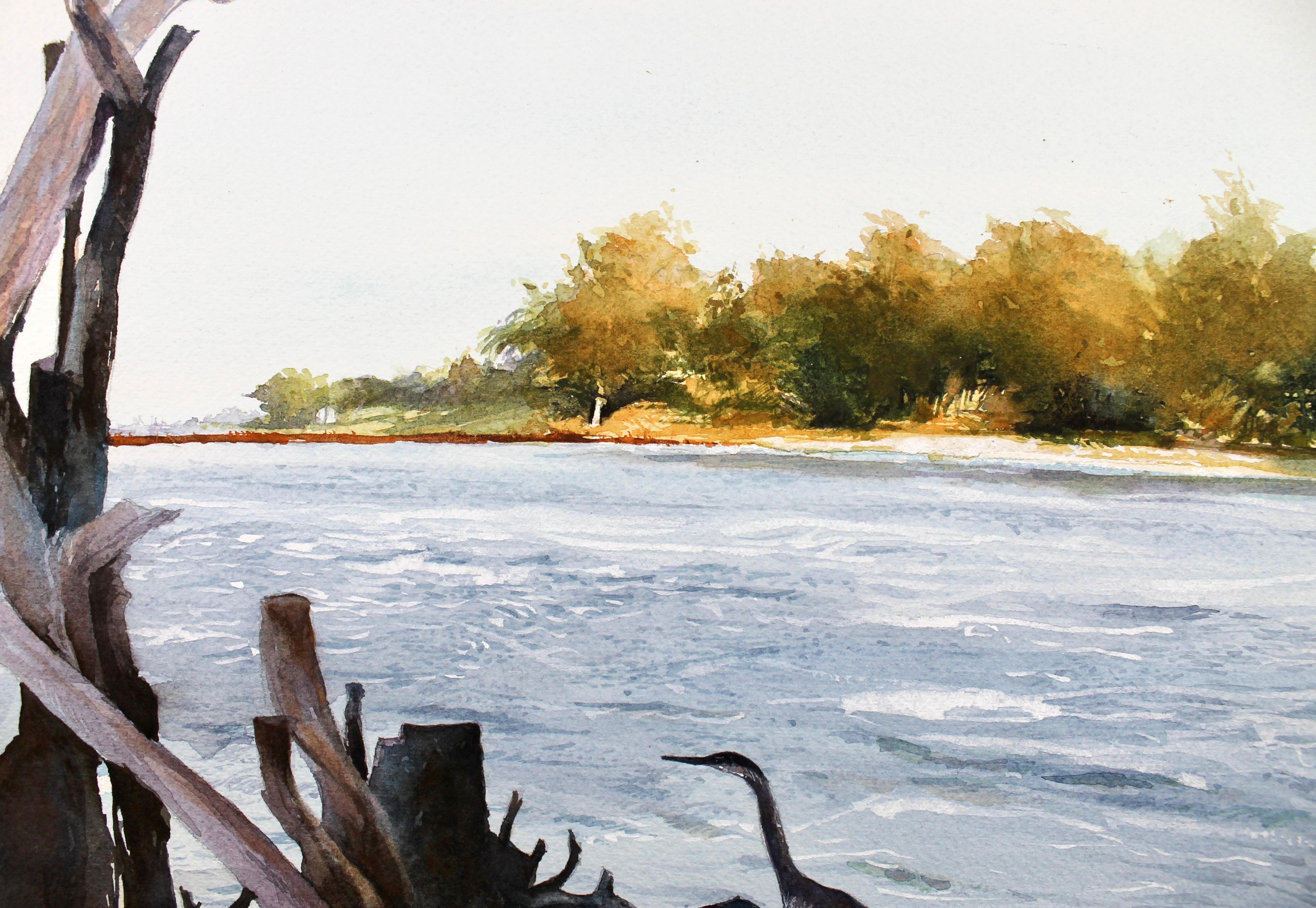 Héron du matin, peinture originale - Gris Landscape Art par Dwight Smith
