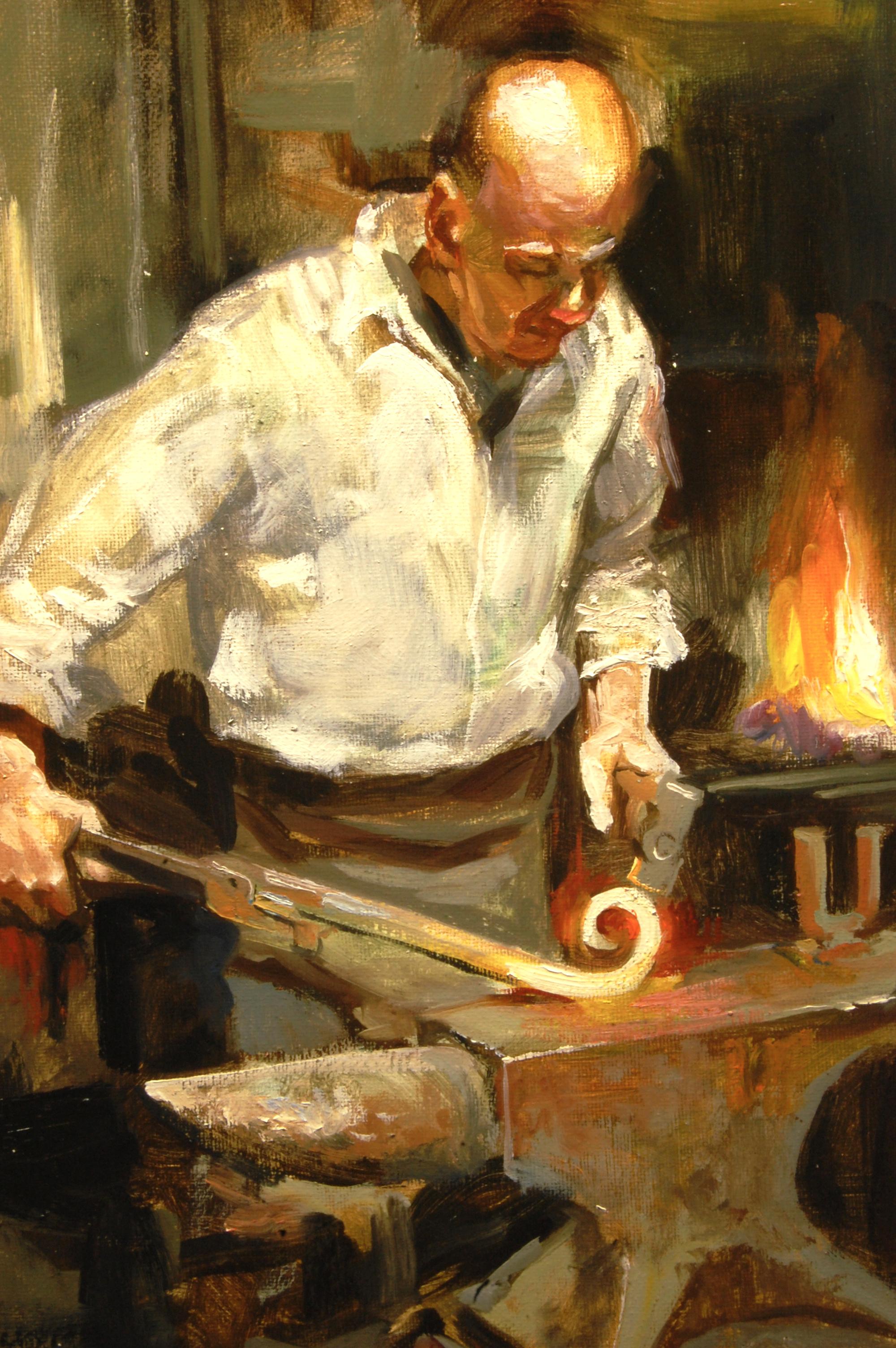 Arricciare il ferro da stiro, pittura ad olio - Figurative Painting Marrone di Onelio Marrero