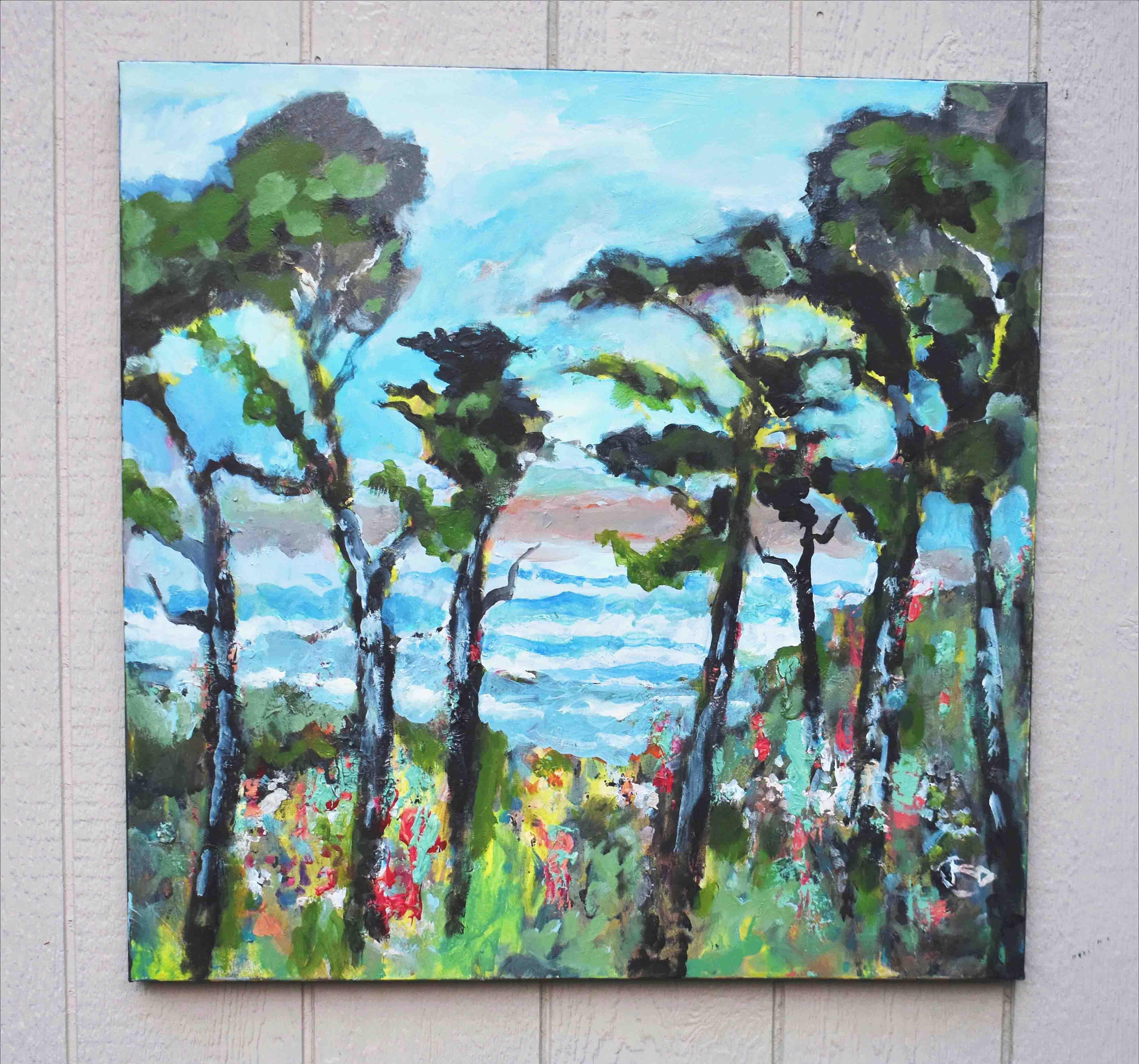<p>Artist Comments<br />Tall pine trees stand tall in the foreground, while the ocean waves of Monterey Bay blend into the cloudy sky in the background. Red, yellow, and white flowers add color to the scene. The expressive strokes create a sense of