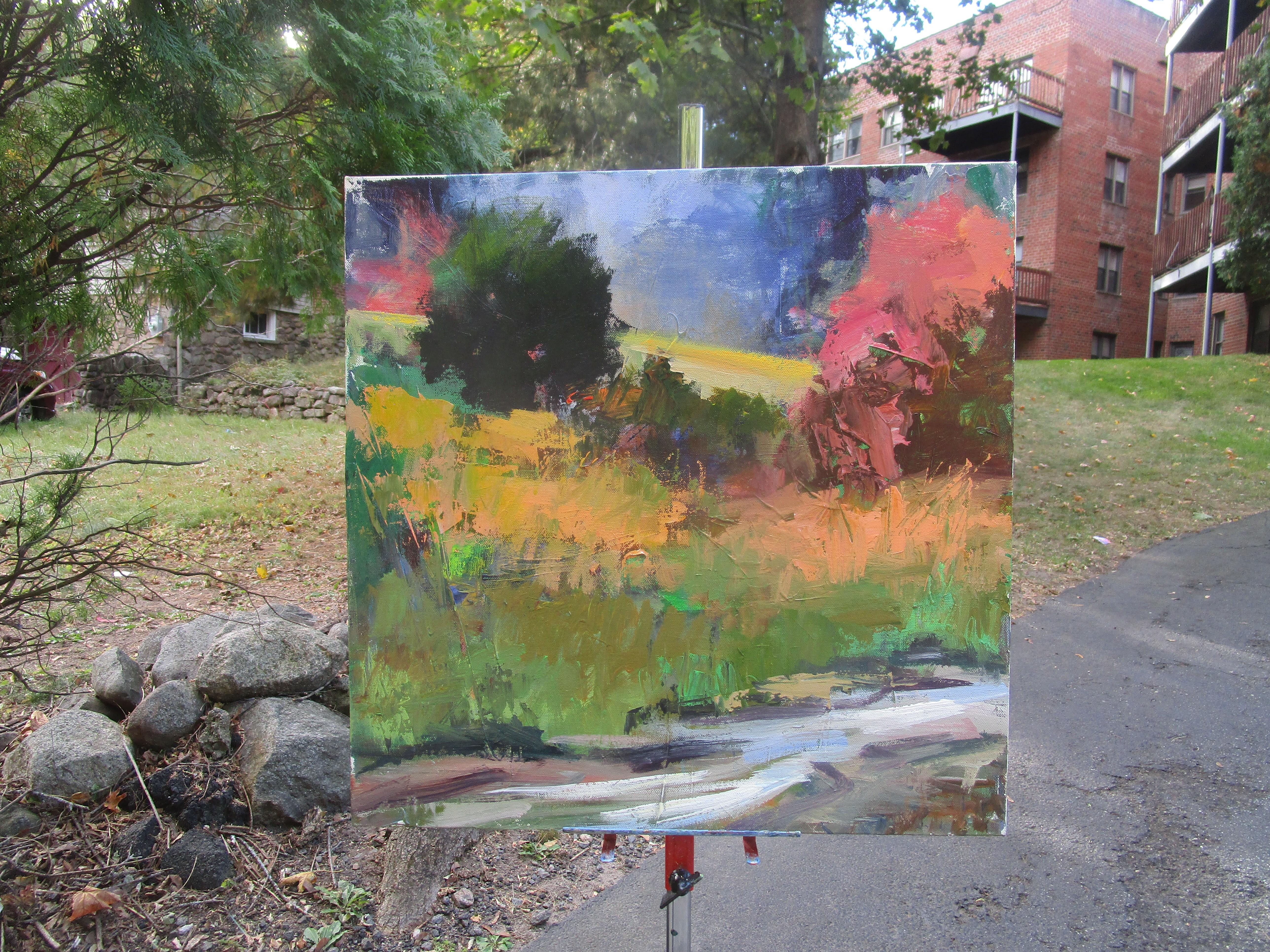 <p>Commentaires de l'artiste<br />Le feuillage vert, orange et rouge capture l'essence de l'automne sur le flanc d'une colline, tandis que le ruisseau reflète le ciel lunatique au-dessus. Les coups de pinceau expressifs traduisent le mouvement,