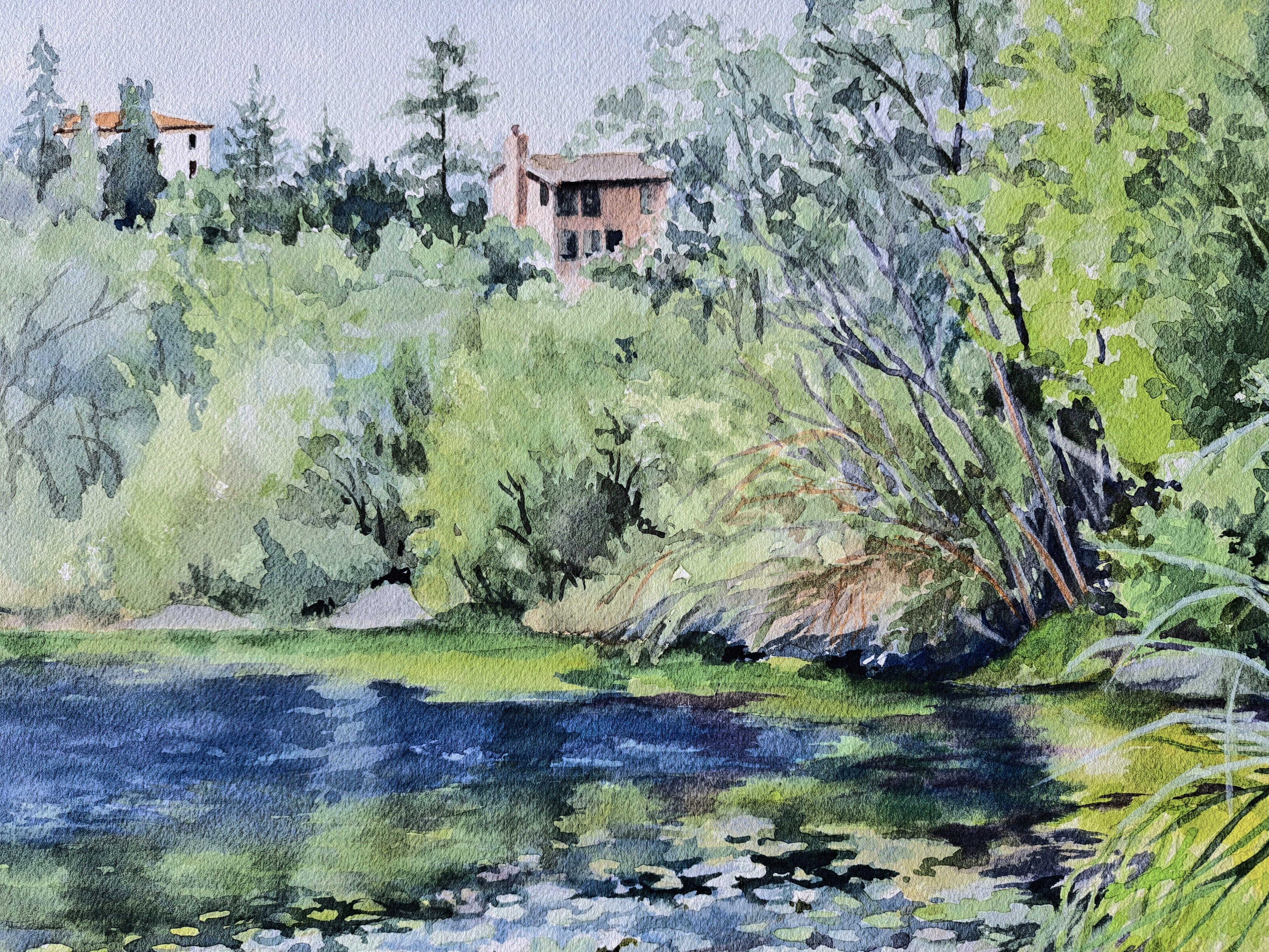 Aquarelle auf See Temescal, Originalgemälde (Grau), Landscape Art, von Catherine McCargar