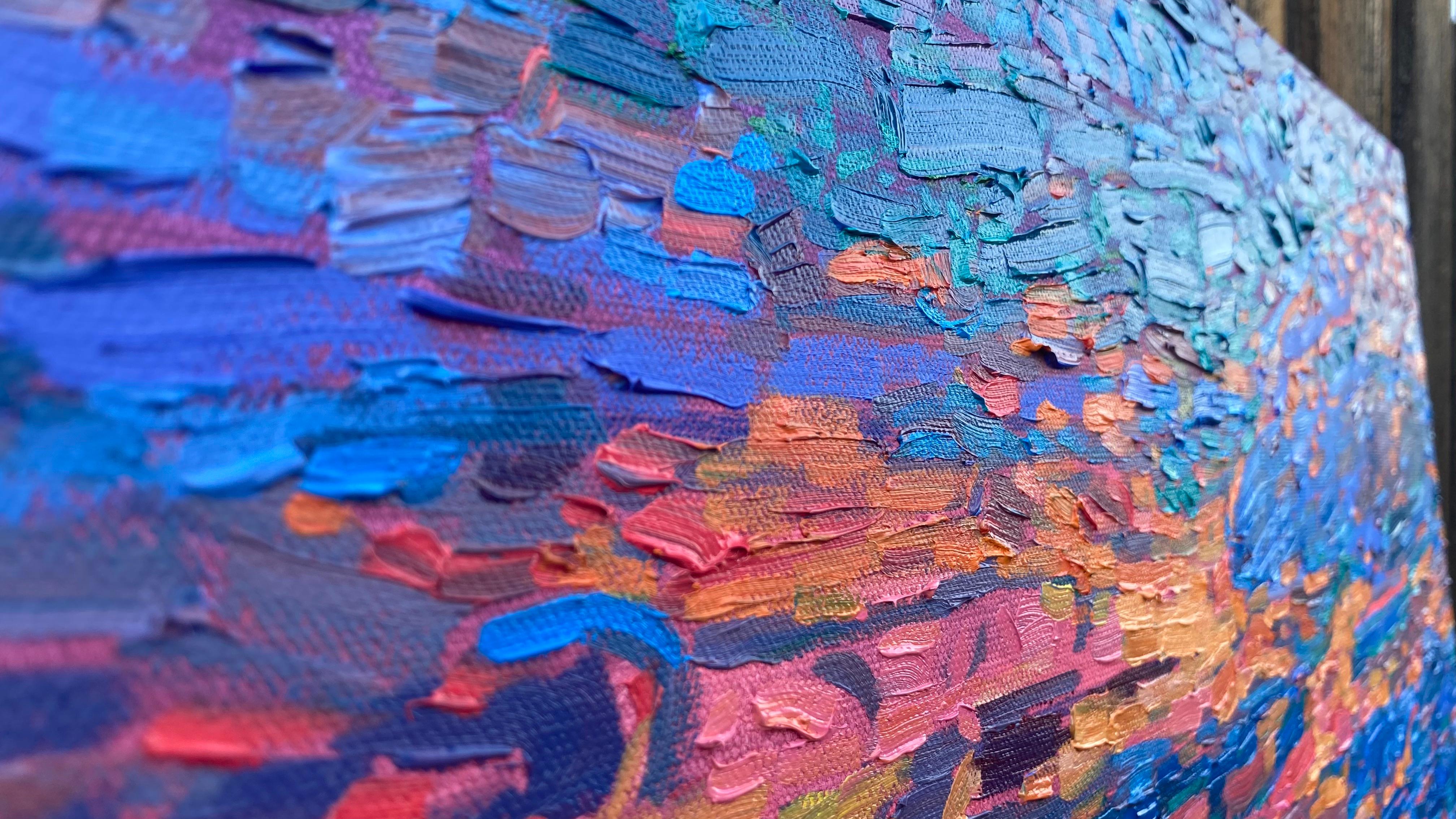 Campi texani al tramonto, pittura a olio - Landscape Painting Blu di Srinivas Kathoju