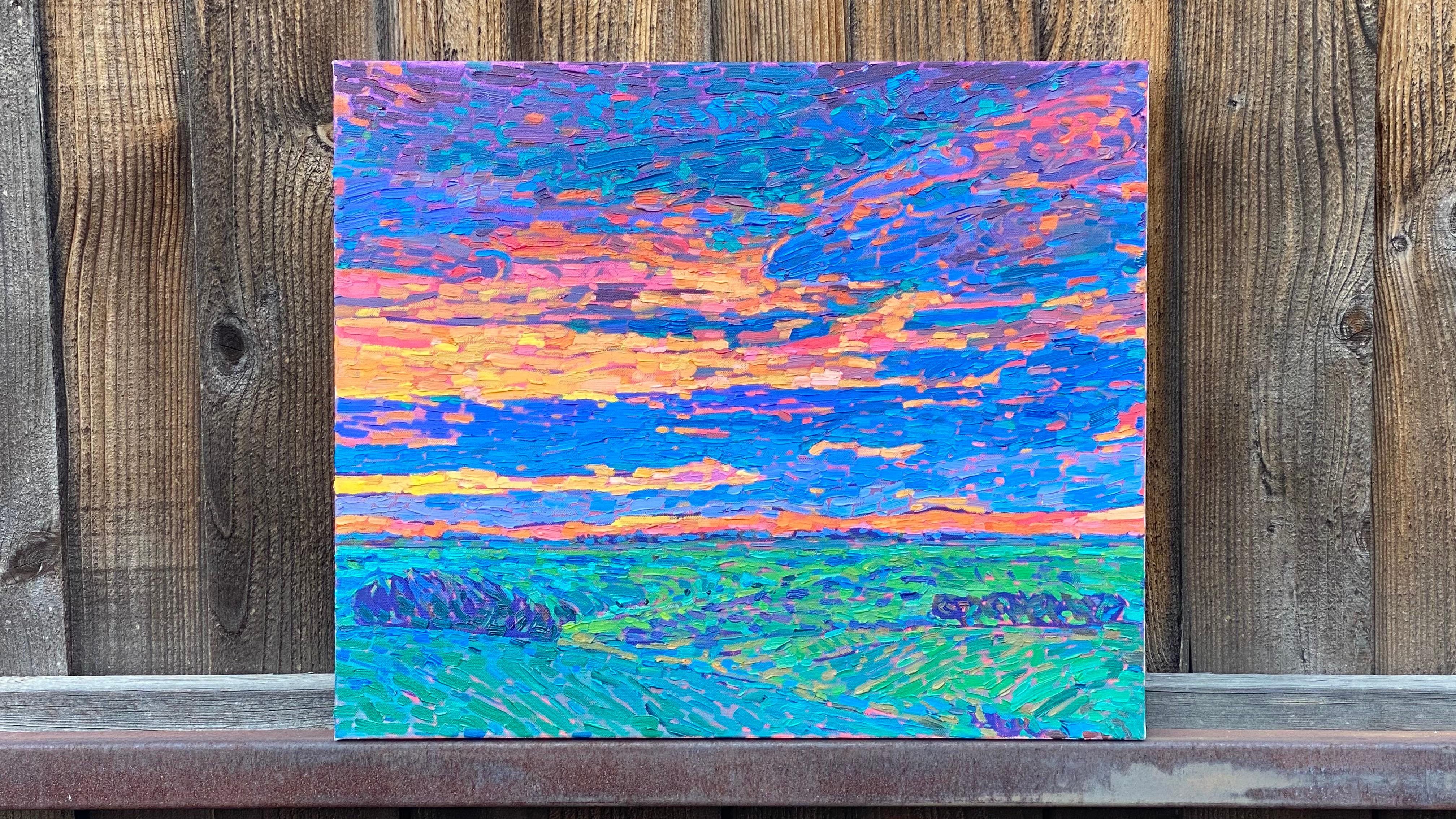 Campi texani al tramonto, pittura a olio - Painting Espressionista di Srinivas Kathoju