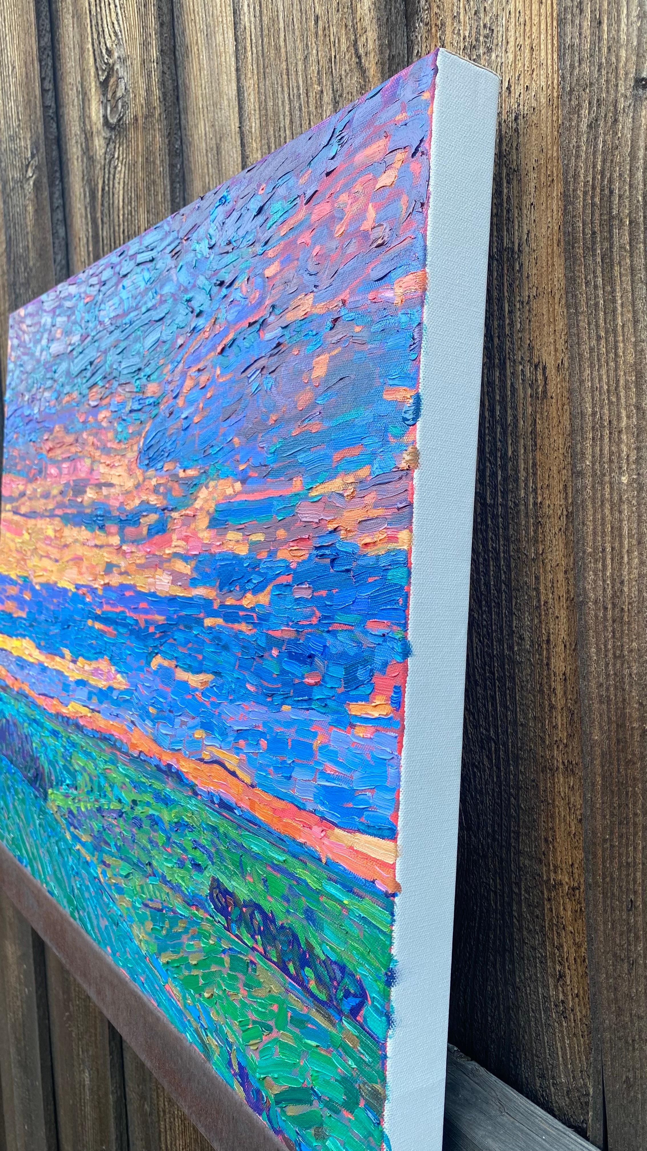 Campi texani al tramonto, pittura a olio - Painting di Srinivas Kathoju