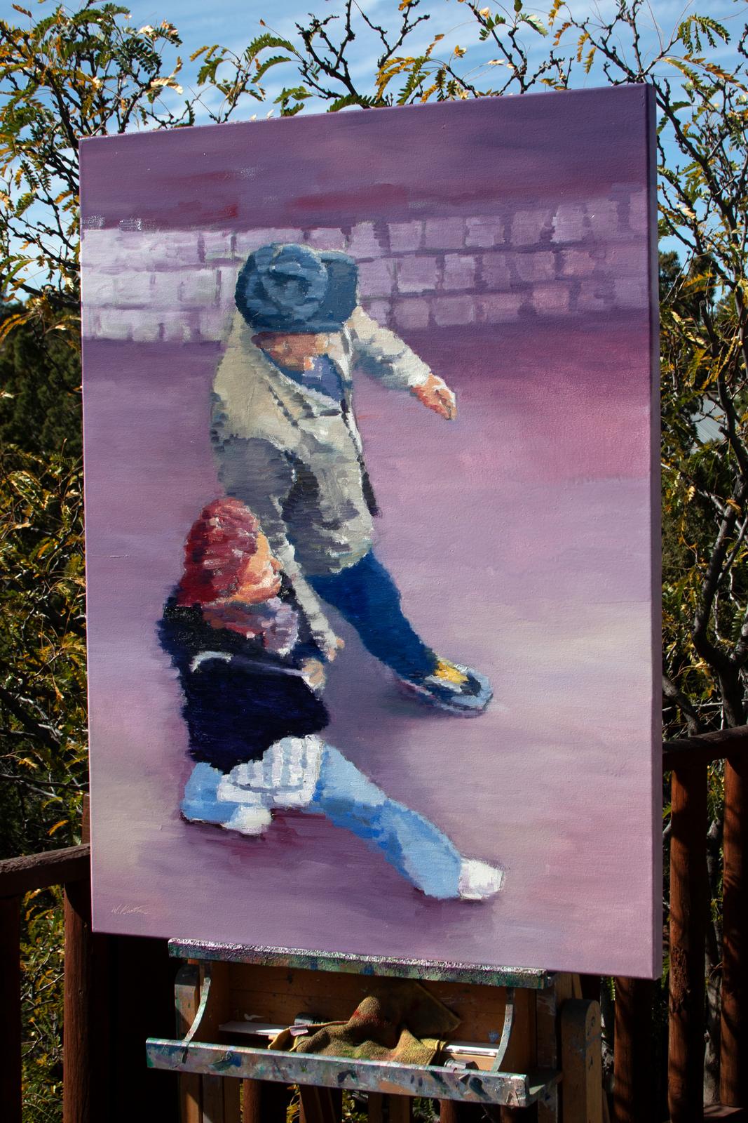 Deux personnages dans une ambiance mauve, peinture à l'huile - Impressionnisme Art par Warren Keating
