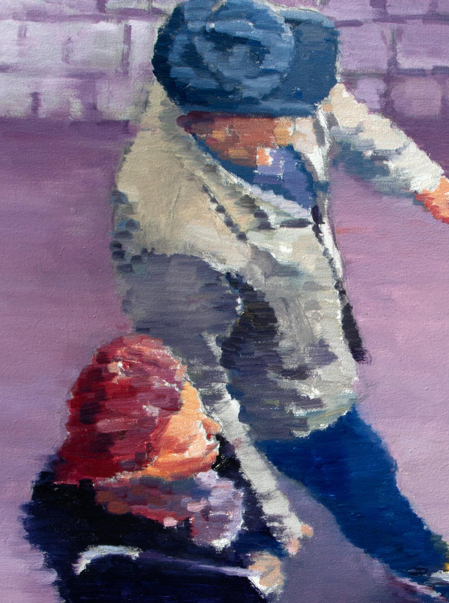 Deux personnages dans une ambiance mauve, peinture à l'huile en vente 1