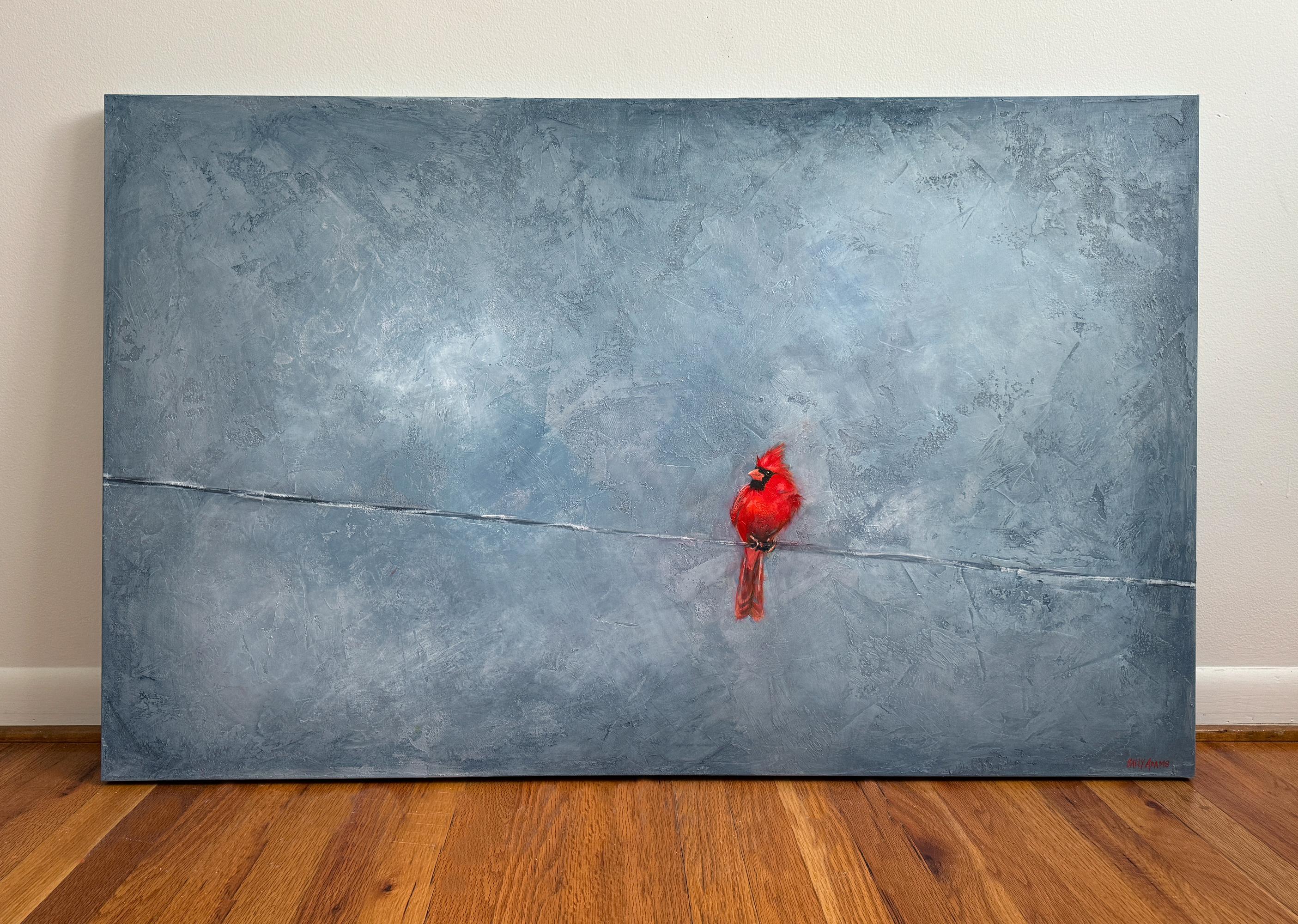 <p>Commenti dell'artista<br />Un cardinale appollaiato su un filo sottile, con il suo piumaggio rosso brillante che si staglia contro il cielo grigio. L'uccello sembra un visitatore di un altro regno, di passaggio per portare pace e conforto. La