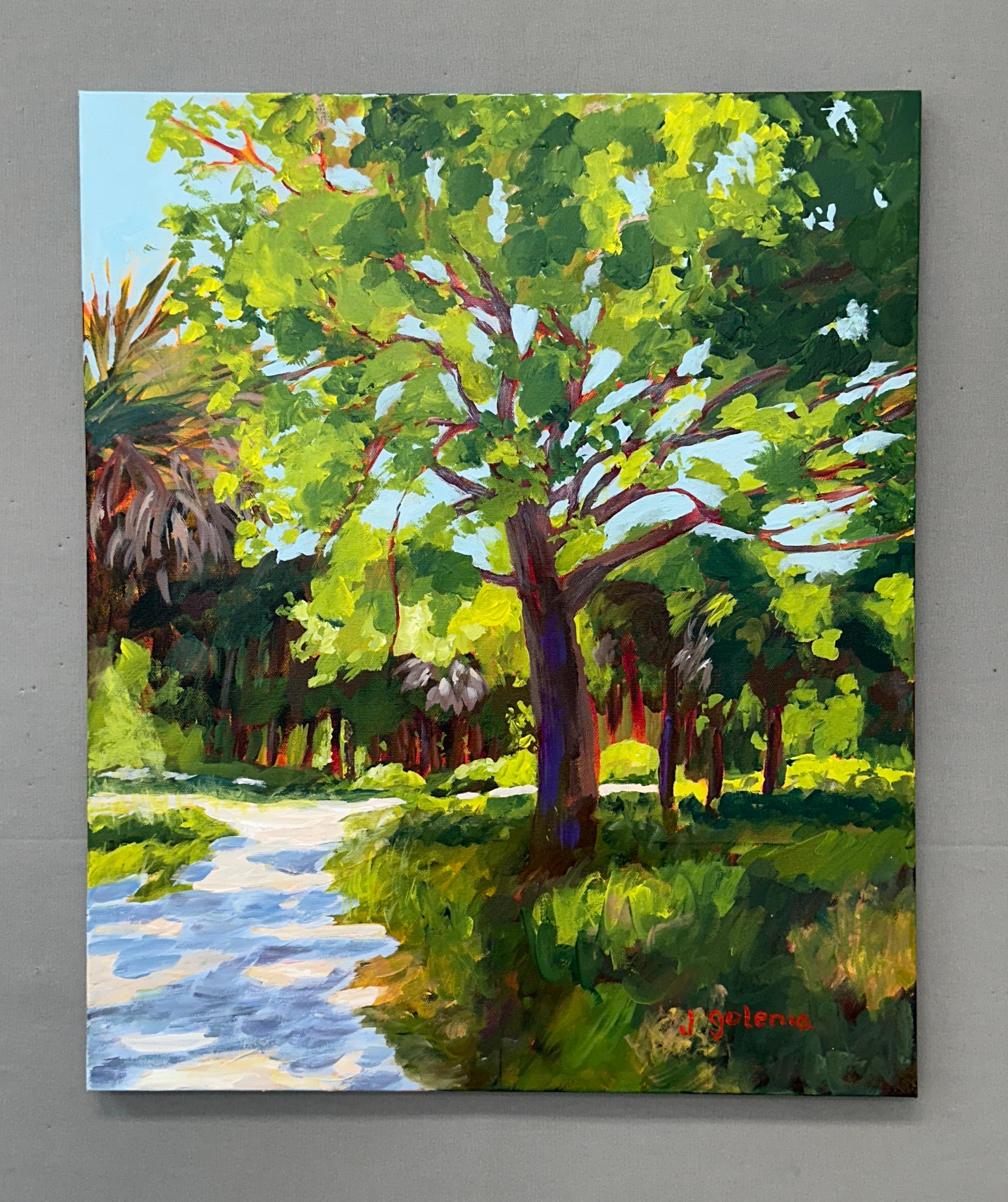<p>Artist Comments<br />Bright sunlight filters through the leaves of a towering live oak tree, casting dappled shadows on the winding path below. Surrounding foliage creates a rich backdrop of deep green. Lively brushstrokes capture the movement