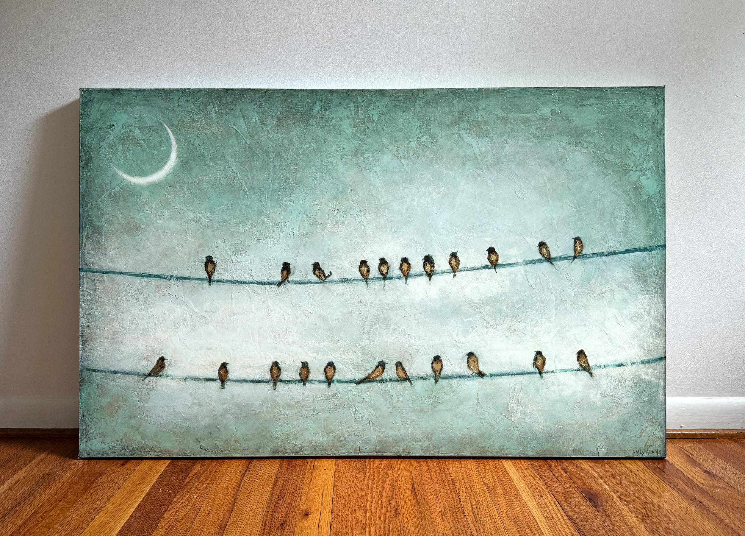 <p>Artist Comments<br />A crescent moon casts a gentle glow over a group of small birds perched on two parallel wires. The gold leaf on their wings catches the light, twinkling when viewed from different angles, though this subtle shimmer doesnâ€™t