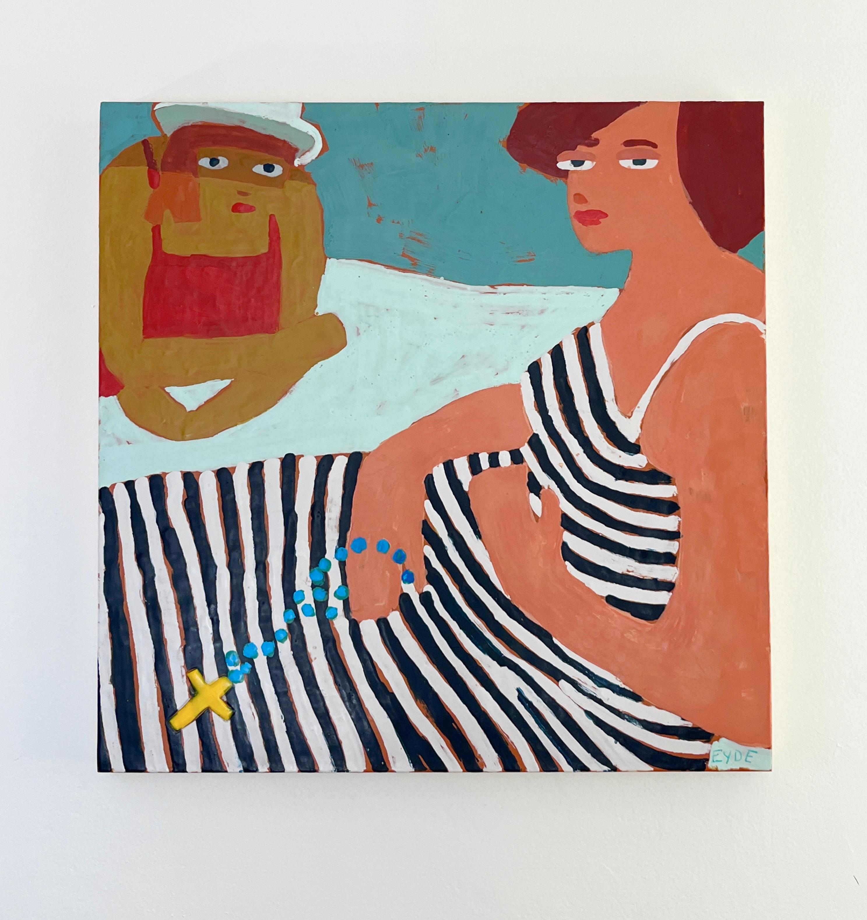 <p>Commenti dell'artista<br />Una donna con un vestito a righe tiene in mano un rosario di perline blu con una croce gialla. Una seconda figura, che indossa un top rosso e un cappello bianco, è sdraiata a pancia in giù, aggiungendo un tocco di