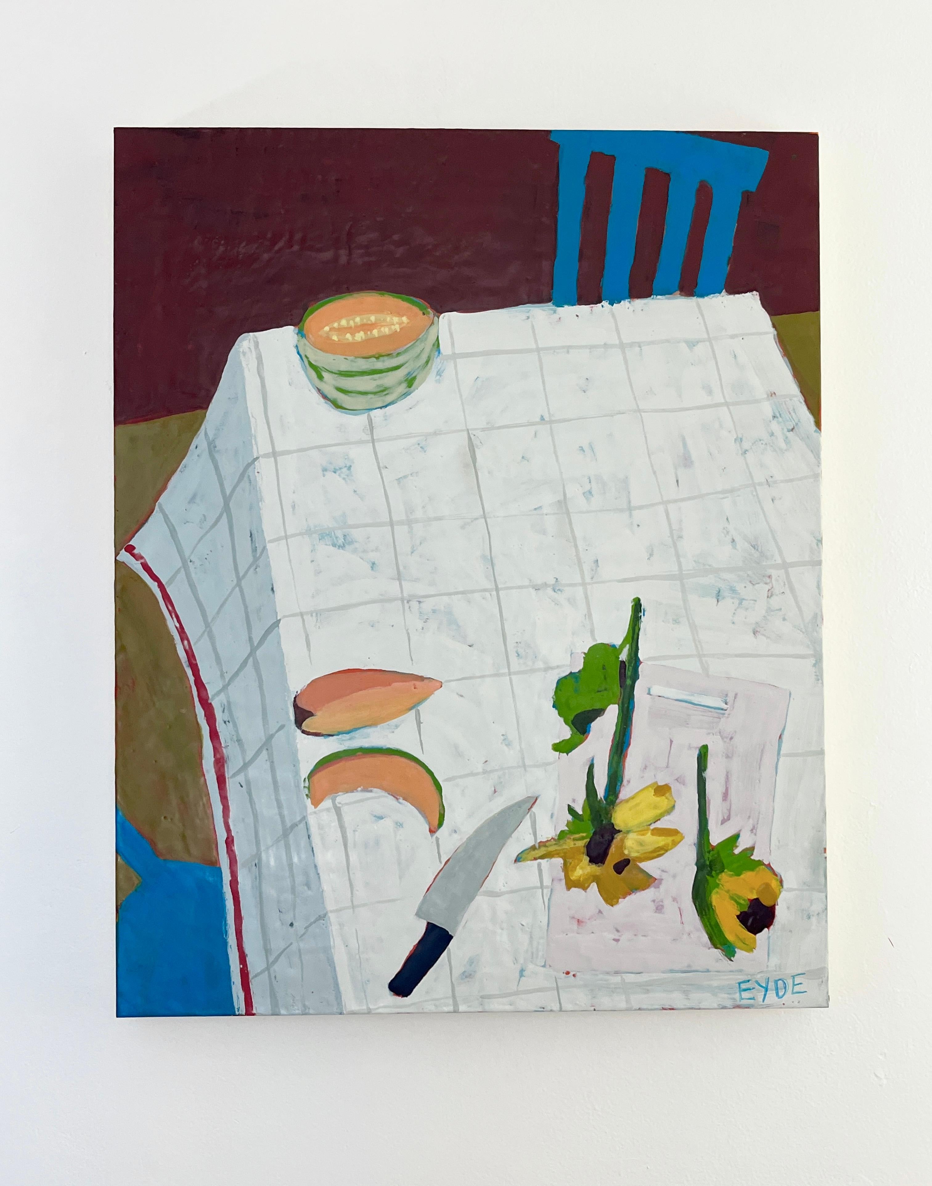 <p>Commenti dell'artista<br />Un coltello poggia su una tovaglia a scacchi accanto a due fiori, con fette di melone nelle vicinanze, formando una semplice e rustica natura morta. La sedia blu brillante crea un contrasto con la scena. La disposizione