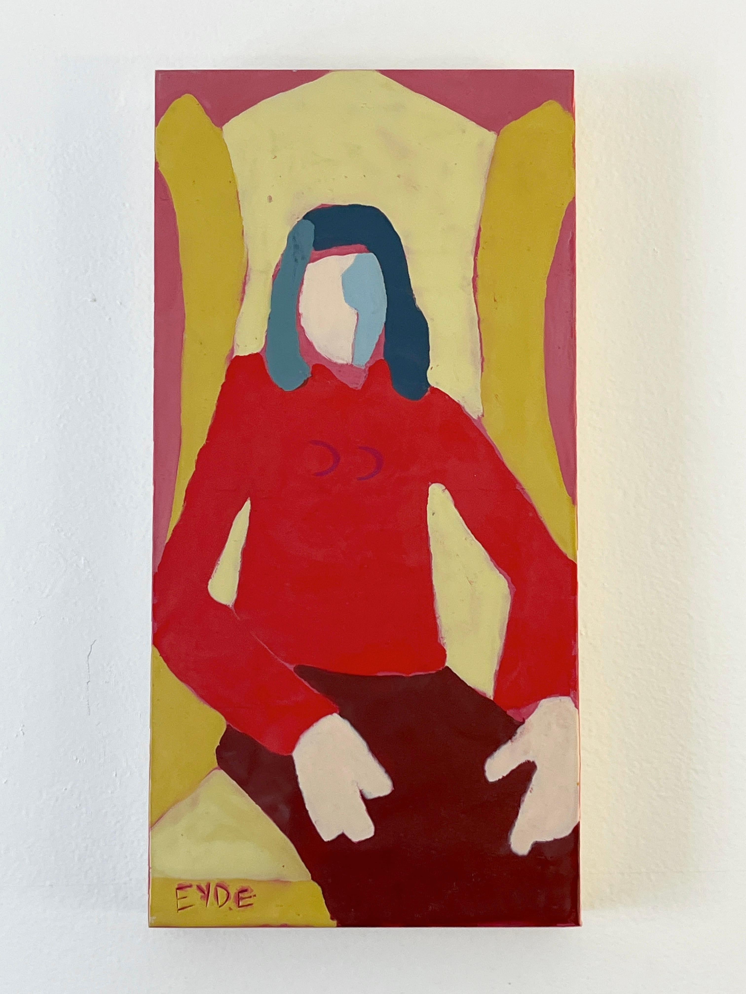 <p>Artistics Comments<br />Une femme sans visage est assise avec assurance dans un fauteuil à oreilles classique. Son haut rouge vif et sa jupe cramoisie contrastent avec les jaunes environnants. Des formes simplifiées et des couleurs vives donnent