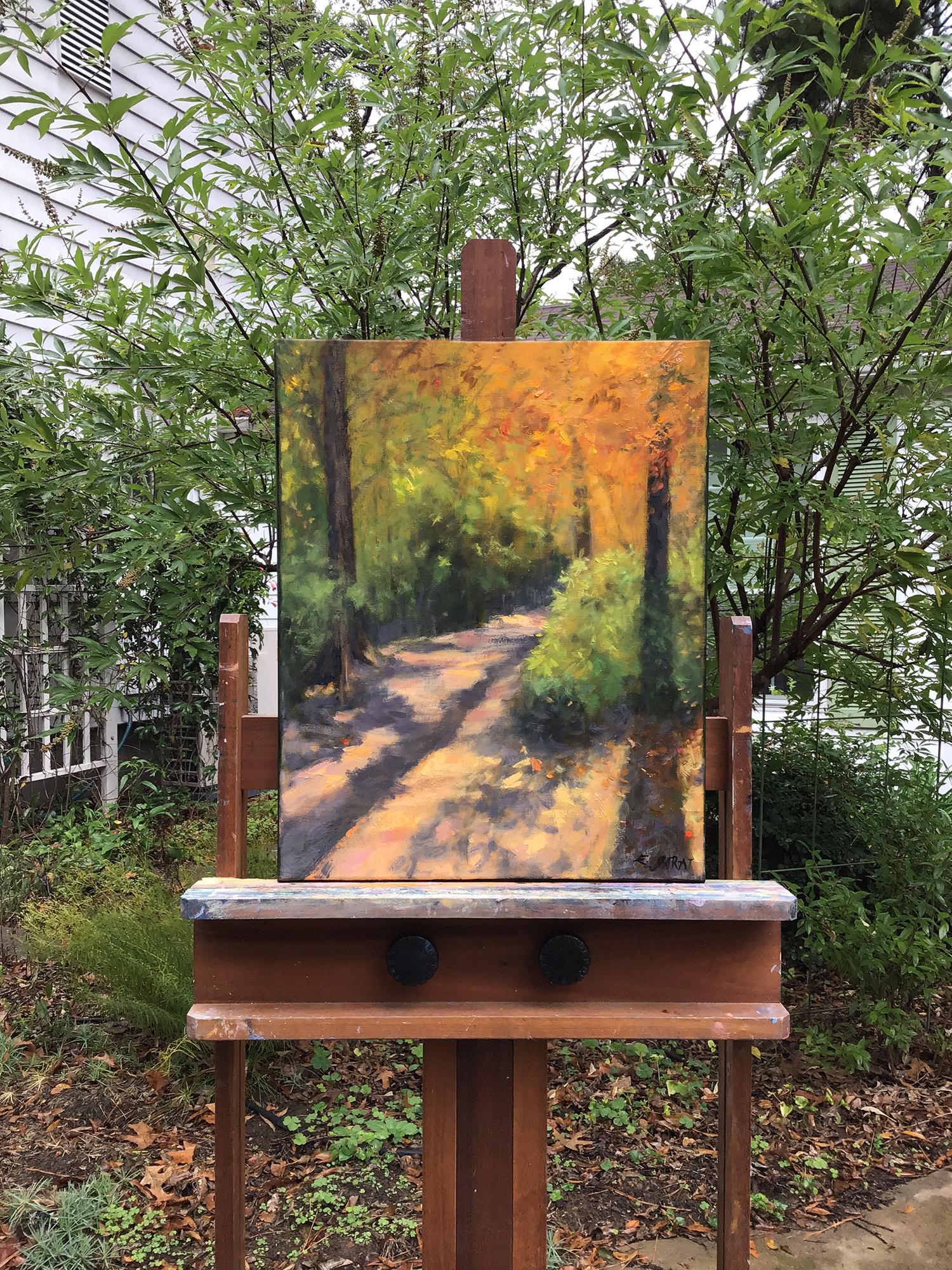 <p>Commenti dell'artista<br />La luce dorata filtra attraverso il baldacchino della foresta, proiettando ombre sfumate lungo un sentiero tortuoso. Le foglie si trasformano in tonalità arancioni, celebrando i momenti fugaci della natura ed evocando