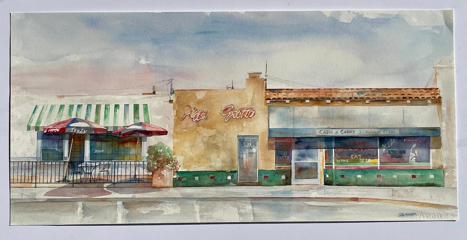 <p>Künstlerkommentare<br />Ein malerisches Restaurant in Little Italy, San Diego, Kalifornien, lädt die Besucher zu einer reichhaltigen Mahlzeit ein. Schatten, Beschilderungen und Spiegelungen sorgen für visuelle Spannung, während gestreifte