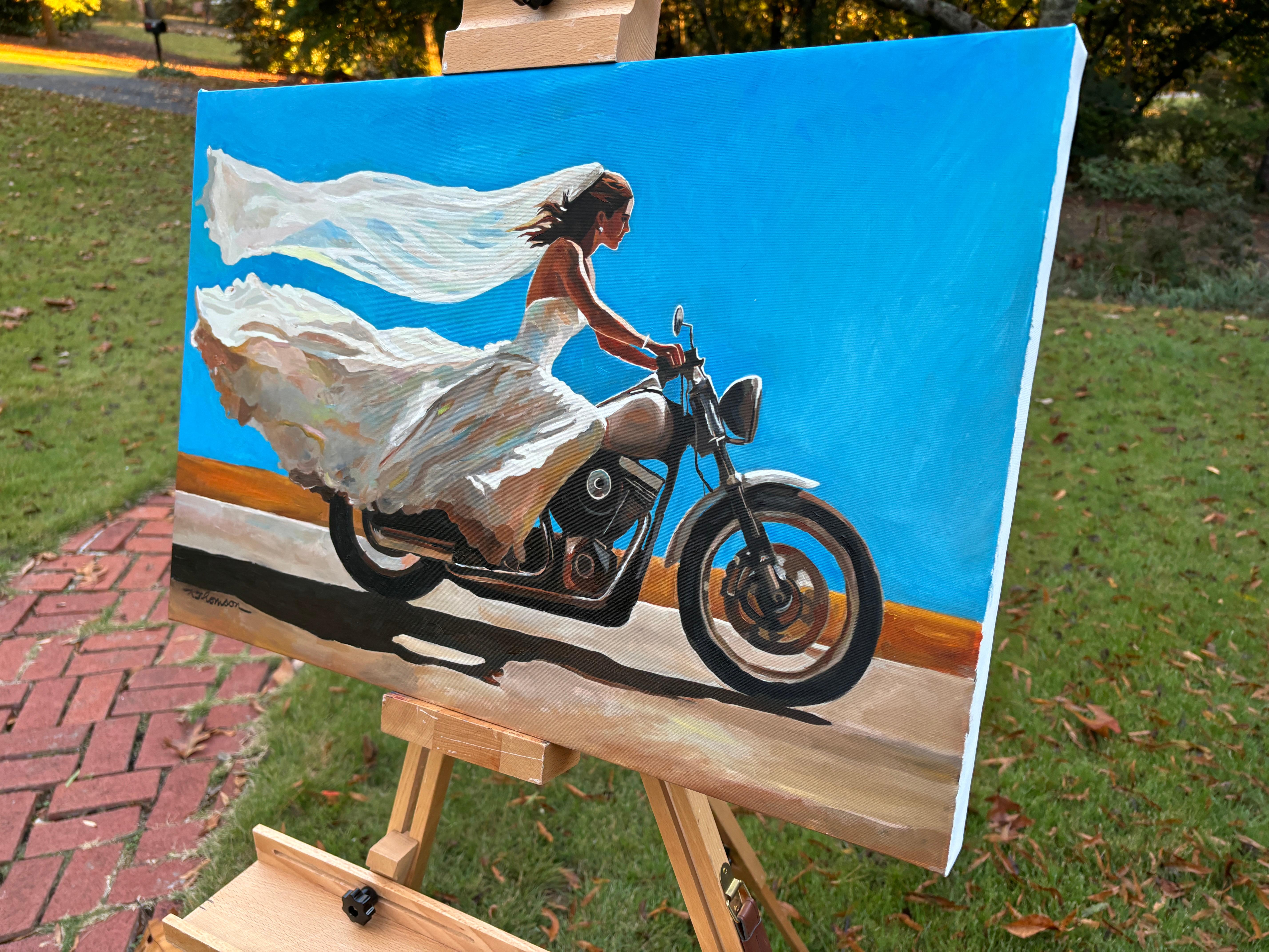 Vélo et train, peinture à l'huile - Pop Art Art par Keith Thomson
