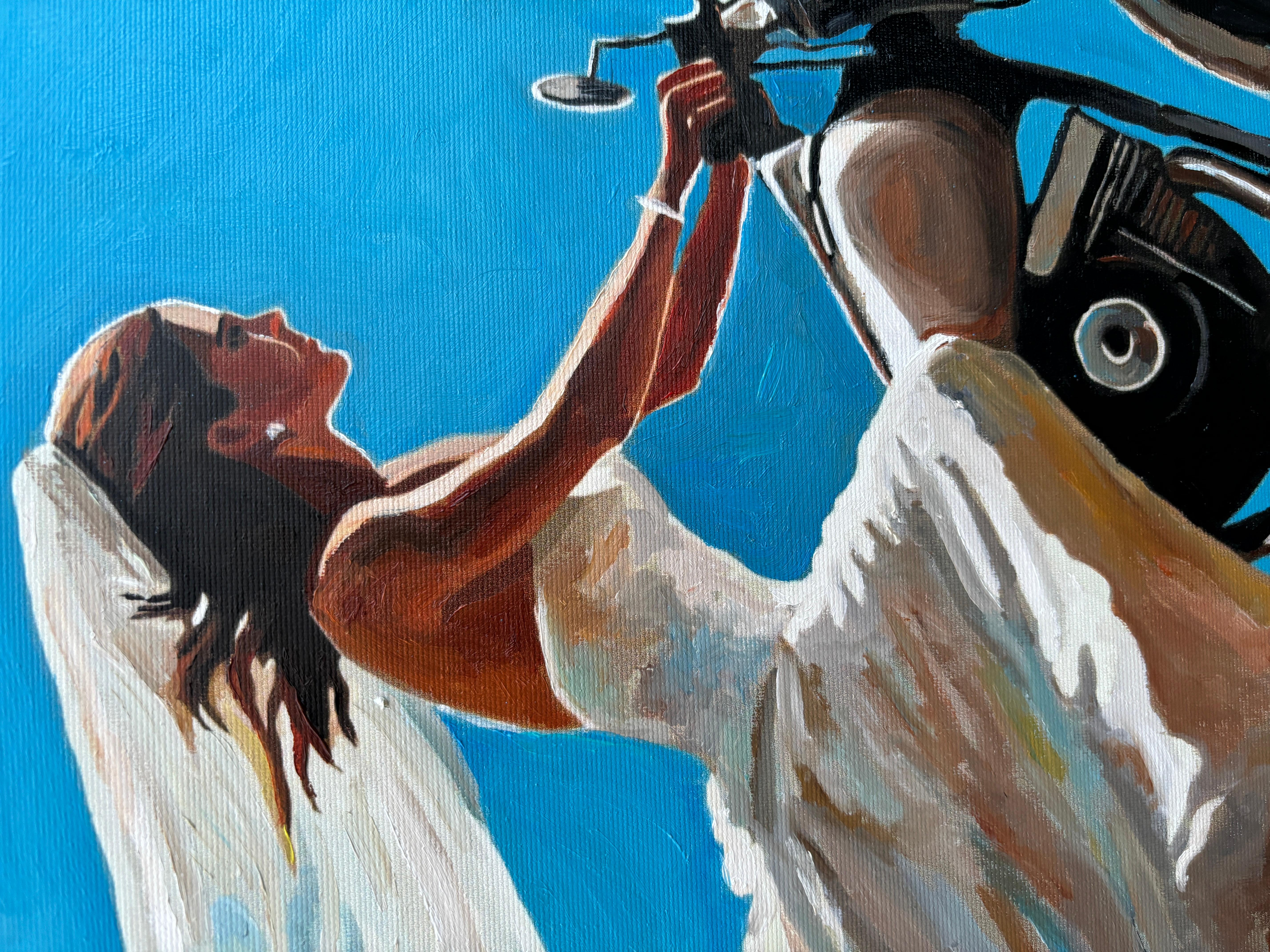 Vélo et train, peinture à l'huile en vente 1