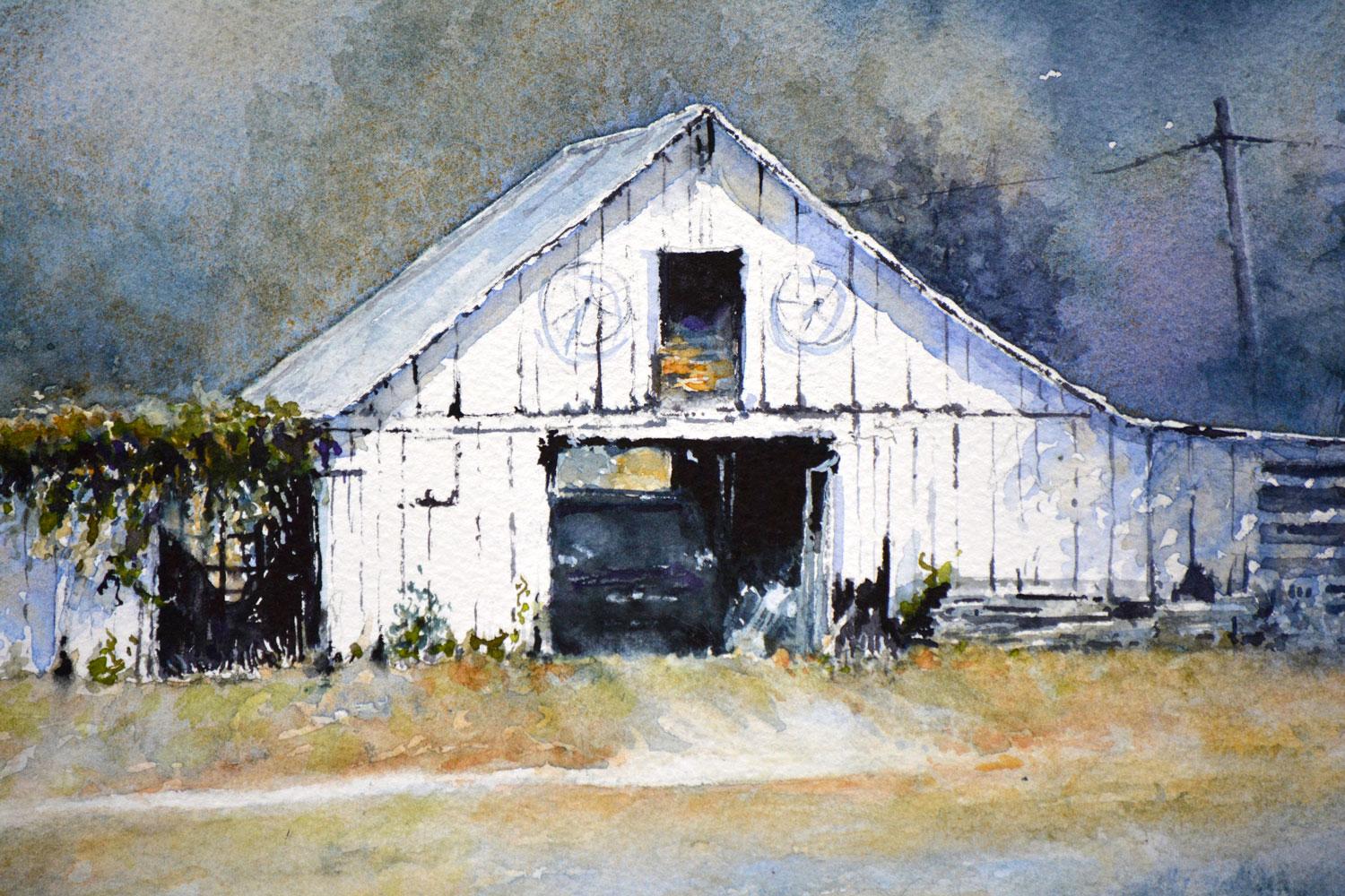 El Granero Blanco, Pintura Original - Interior Art Gris de Judy Mudd