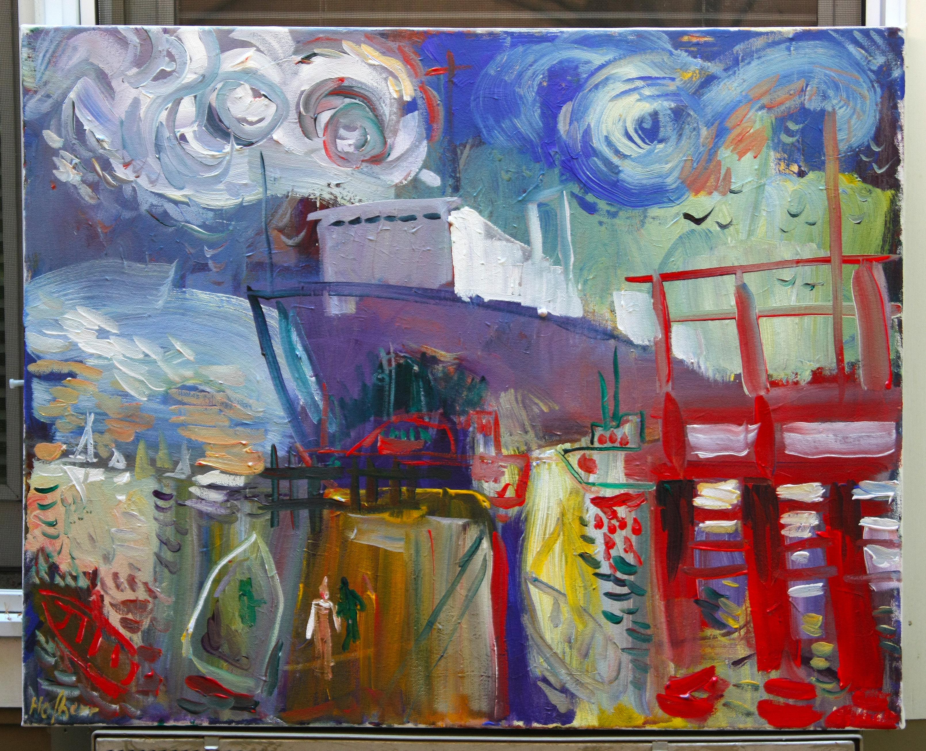 <p>Commenti dell'artista<br />Un'interpretazione fauvista di una scena marittima caratterizzata da colori audaci, forme semplificate e pennellate energiche. Una grande nave domina il porto mentre le nuvole vorticose danno movimento alla
