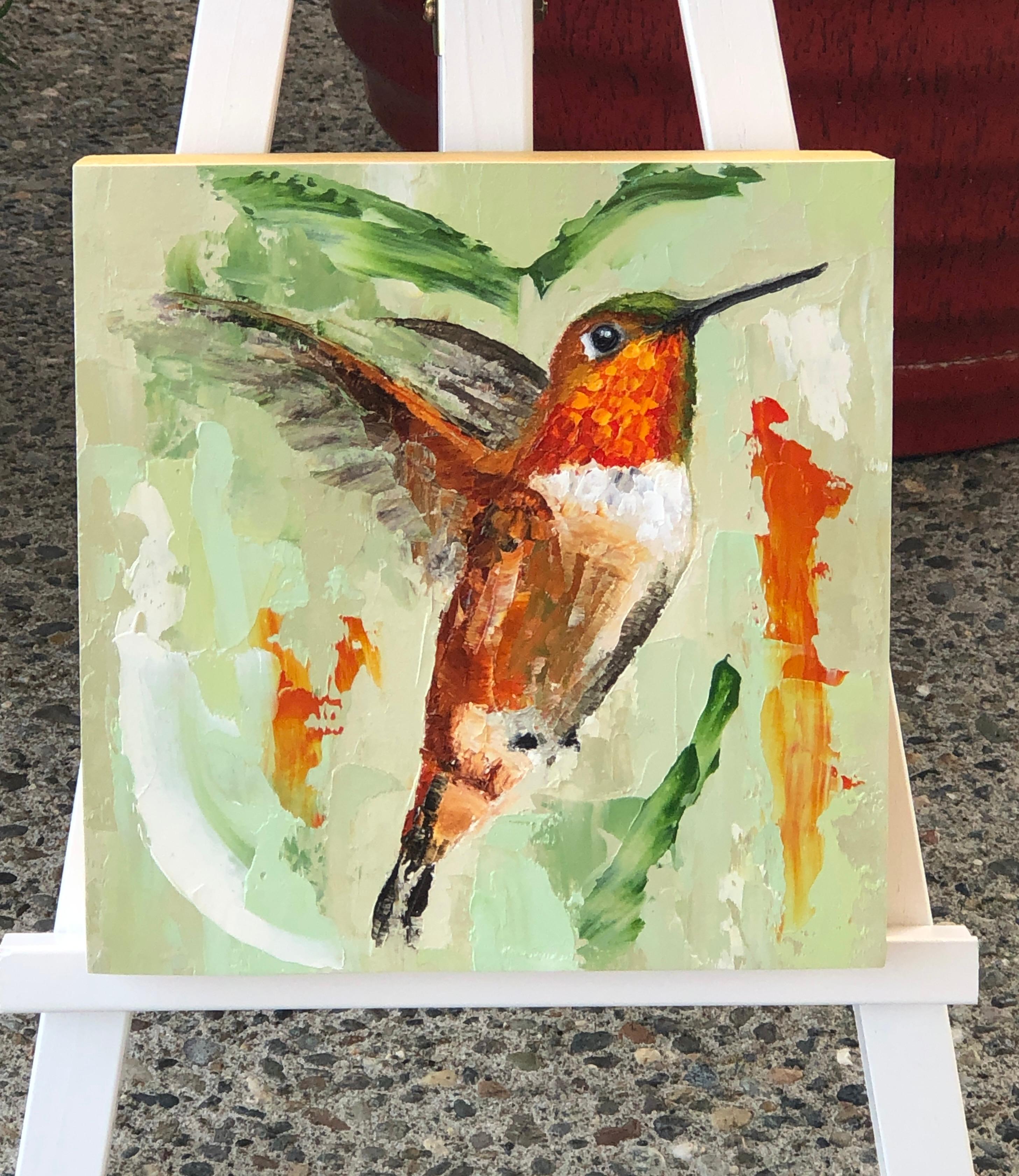 <p>Commenti dell'artista<br />Un vibrante colibrì si libra in volo, con le sue piume infuocate che brillano alla luce. Espressivi tratti rossi e verdi adornano lo sfondo. La composizione emana un netto senso di libertà.</p><br /><p>Informazioni