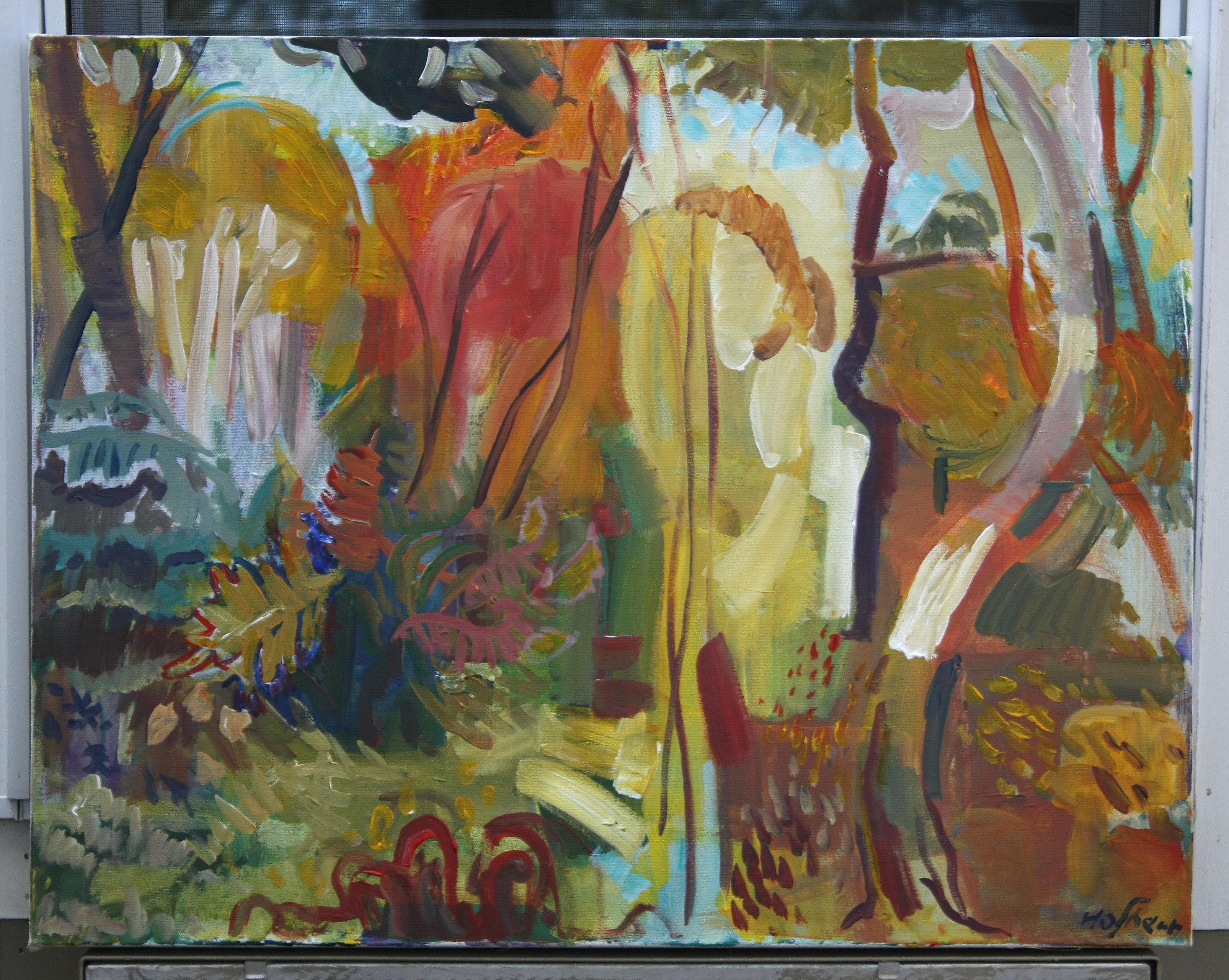 <p>Artist Comments<br />Artist Robert Hofherr rendered a colorful view of autumn wood in a Fauvist lens. With simplified details, the interplay of line, color, and texture creates visual interest. The blues and teals of the sky contrast the