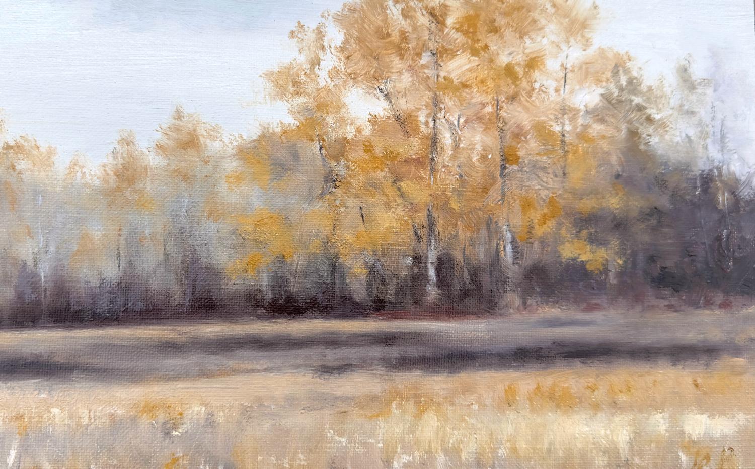La lisière du Wood, peinture à l'huile - Beige Landscape Painting par Jill Poyerd