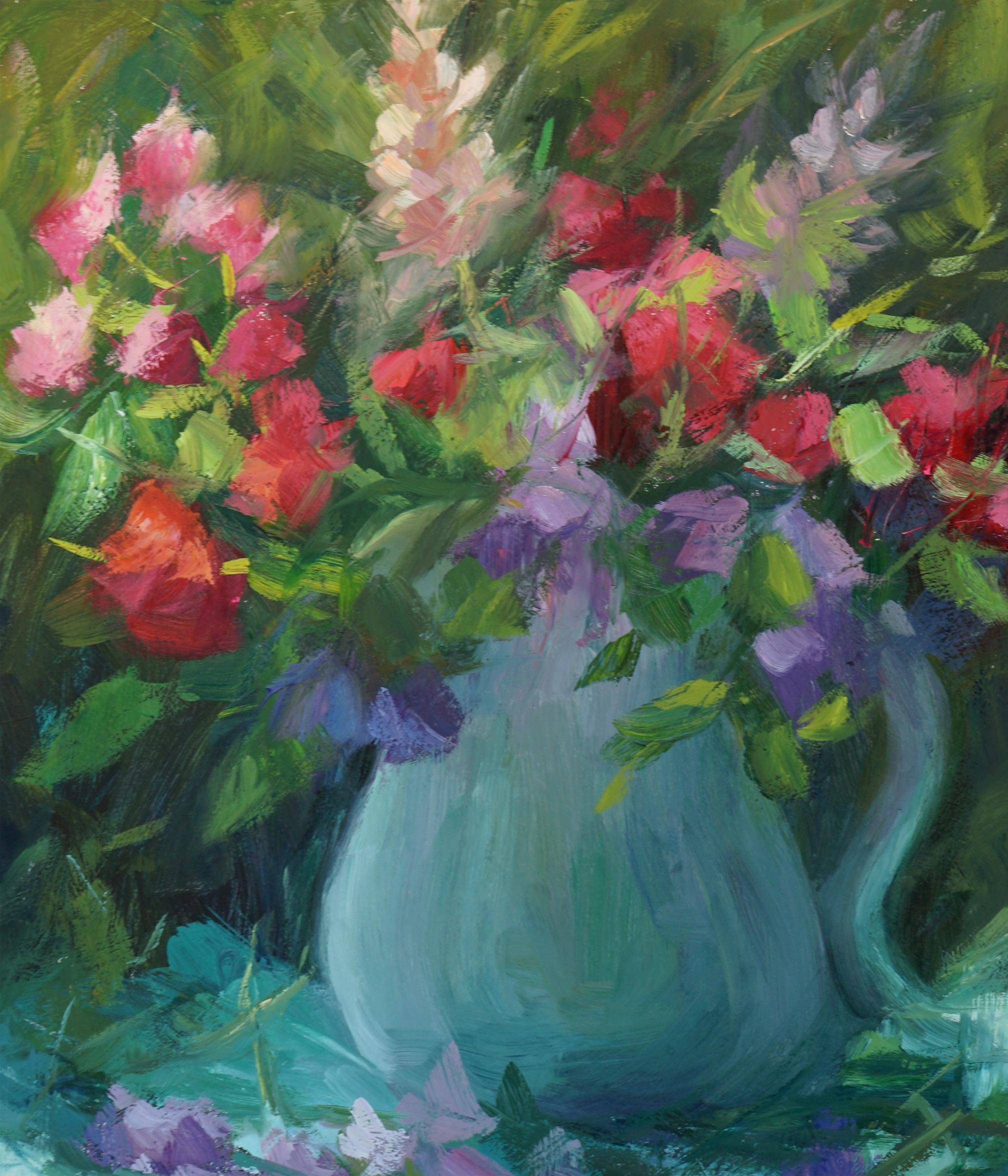 Sweet Pea y buganvilla, pintura al óleo - Still-Life Painting Gris de Sherri Aldawood