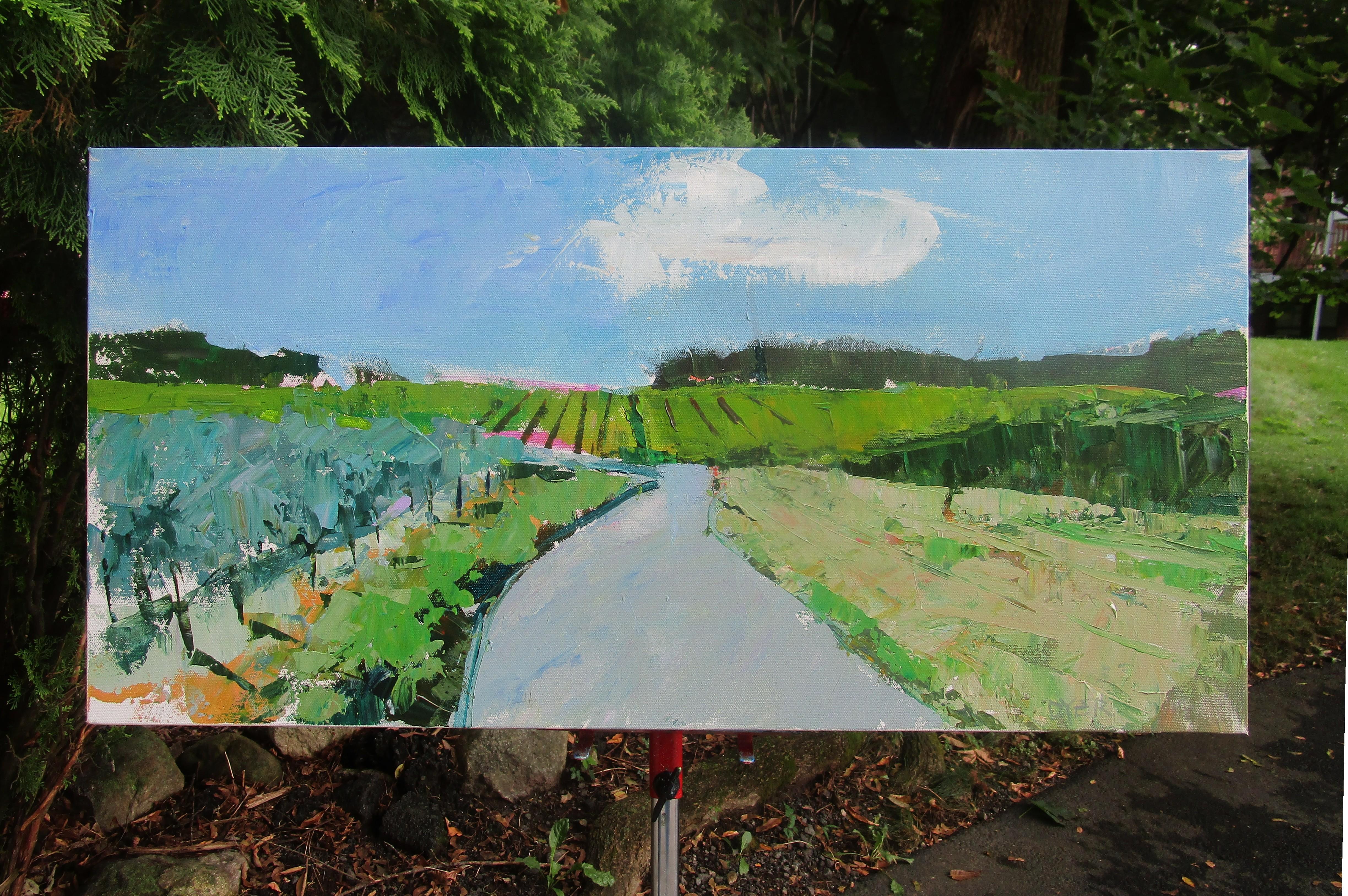 <p>Artist Comments<br />A road cuts through a lush orchard, leading to a vast green field in the distance. Artist Janet Dyer discovered this tranquil place while driving in the French countryside, deciding whether to turn left or right. She used a