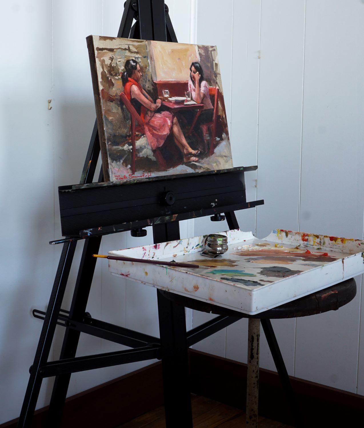 <p>Artist Comments<br />Two friends discuss their current life events over wine and tapas on a weekend night in Seville, Spain. Warm, earthy tones dominate the scene and reflect the energy of their conversation. Impressionist strokes capture the